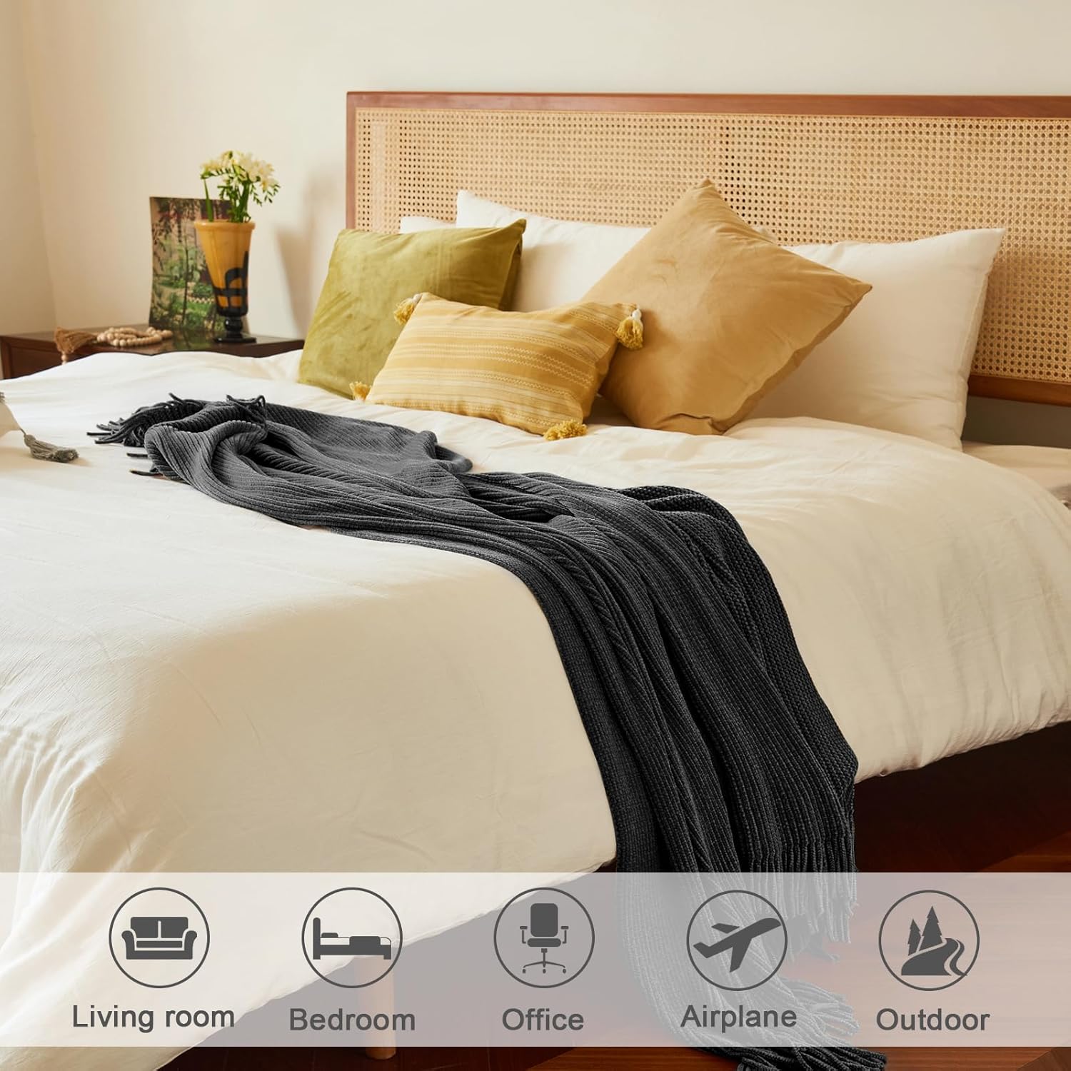 lifein Throw Blanket for Couch, Soft Boho Decor Bed Throw,Cozy Grey Knitted Chenille Small Farmhouse Lightweight Throw (Dark Grey,60 * 80")