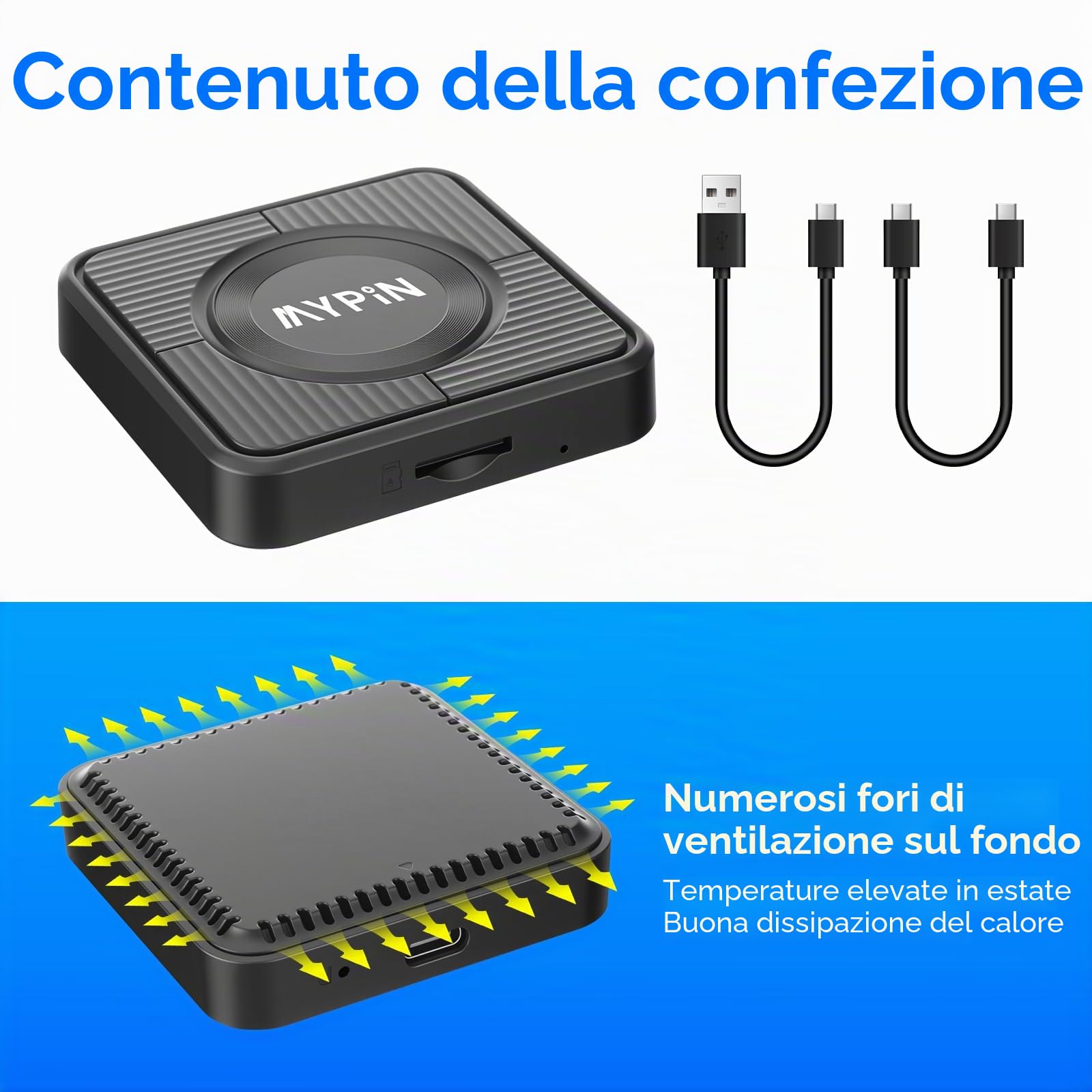 MYPIN Adattatore Wireless CarPlay 3 in 1, per Android Auto e Video, con Supporto Netflix/YouTube e Slot per Schede TF, Plug & Play, Compatibile con USB Type-C/A, per iPhone e Android