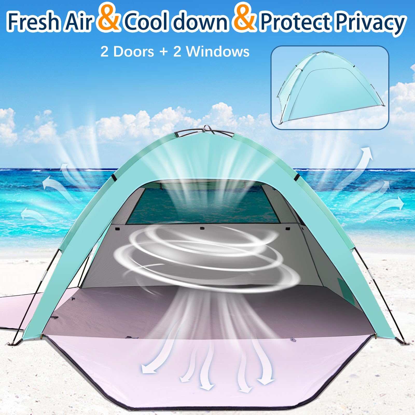 Tienda de Playa para 1-3 Personas, Tienda de Sombra para la Playa Protección UV 80+, Tienda de Campaña con Dos Puertas con Cremallera y Dos Ventanas de Red, Adecuada para Uso Familiar