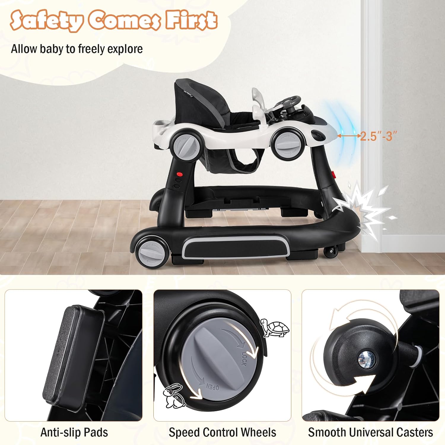 HONEY JOY Baby Walker, 7-in-1 Foldable Baby Bouncer and Rocker Combo, Infant Activity Center w/Canopy, Wheels, Adjustable Height/Speed, Music, Lights, Walker for Baby Boy Girl 7-18 Months (Black)
