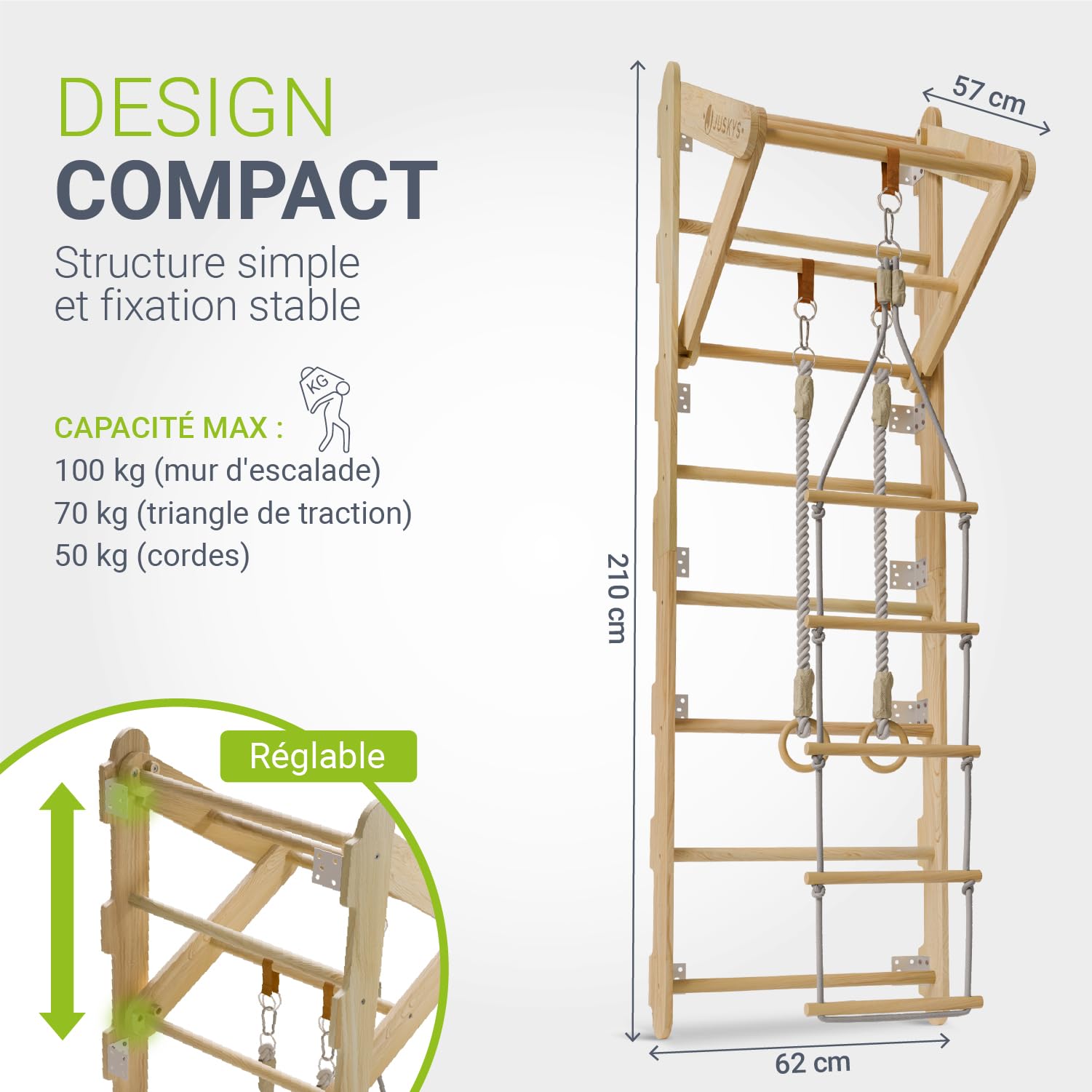 Juskys Espalier pour Enfants - avec Barre de Traction, Structure d'escalade intérieure avec Anneaux de Gymnastique et échelle de Corde, Mur d'escalade pour Chambre d'enfant, Barre de Sport