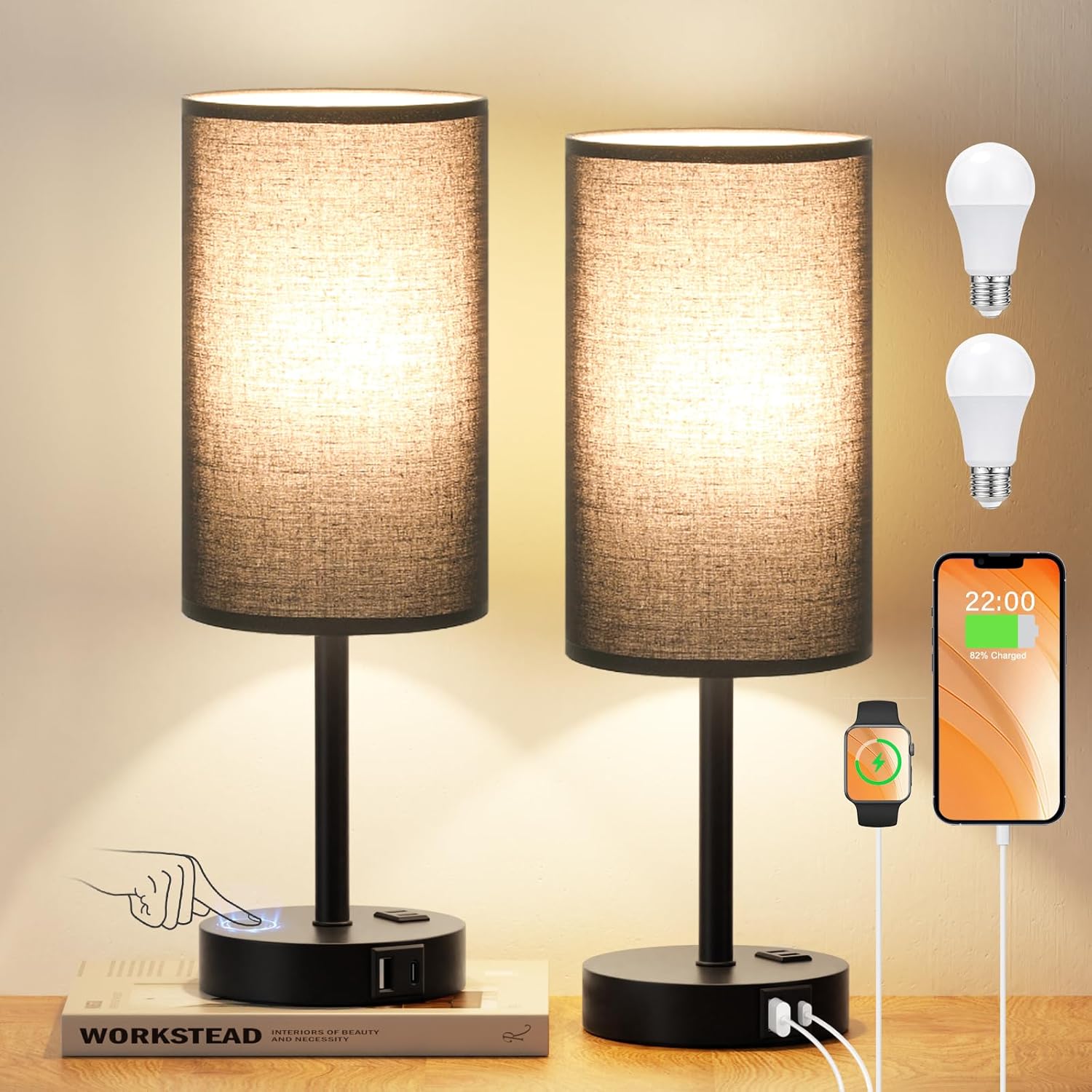 17.4inches Tall Black Touch Table Lamps Set - 3 Way Dimmable Bedside Lamps with USB C and A Ports, Small Lamps for Nightstand with AC Outlet, Round Flaxen Shade for Desk, Office, Dorm, Nursery