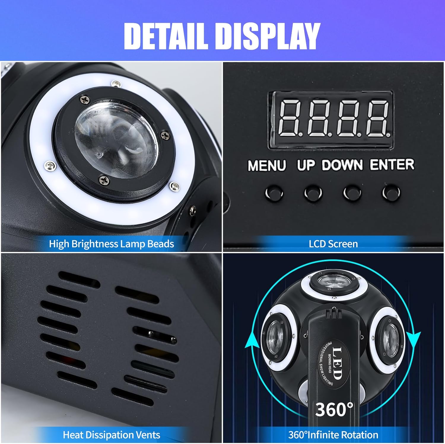 Moving Head Light 8 LED RGBW Beam DJ Light with DMX512 Sound Activated 360°Rotation Stage Lighting for DJ Party Bar Disco Show Club Wedding Stage