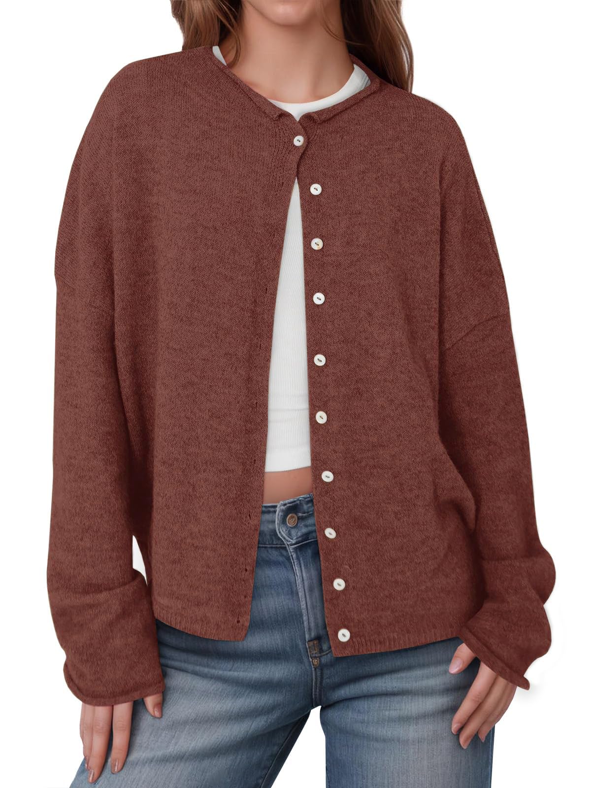 Cardigan Sweaters for Women Lightweight Soft Button Up Long Sleeve Knit Sweater Tops 2025 Fall Fashion Outfits Brown