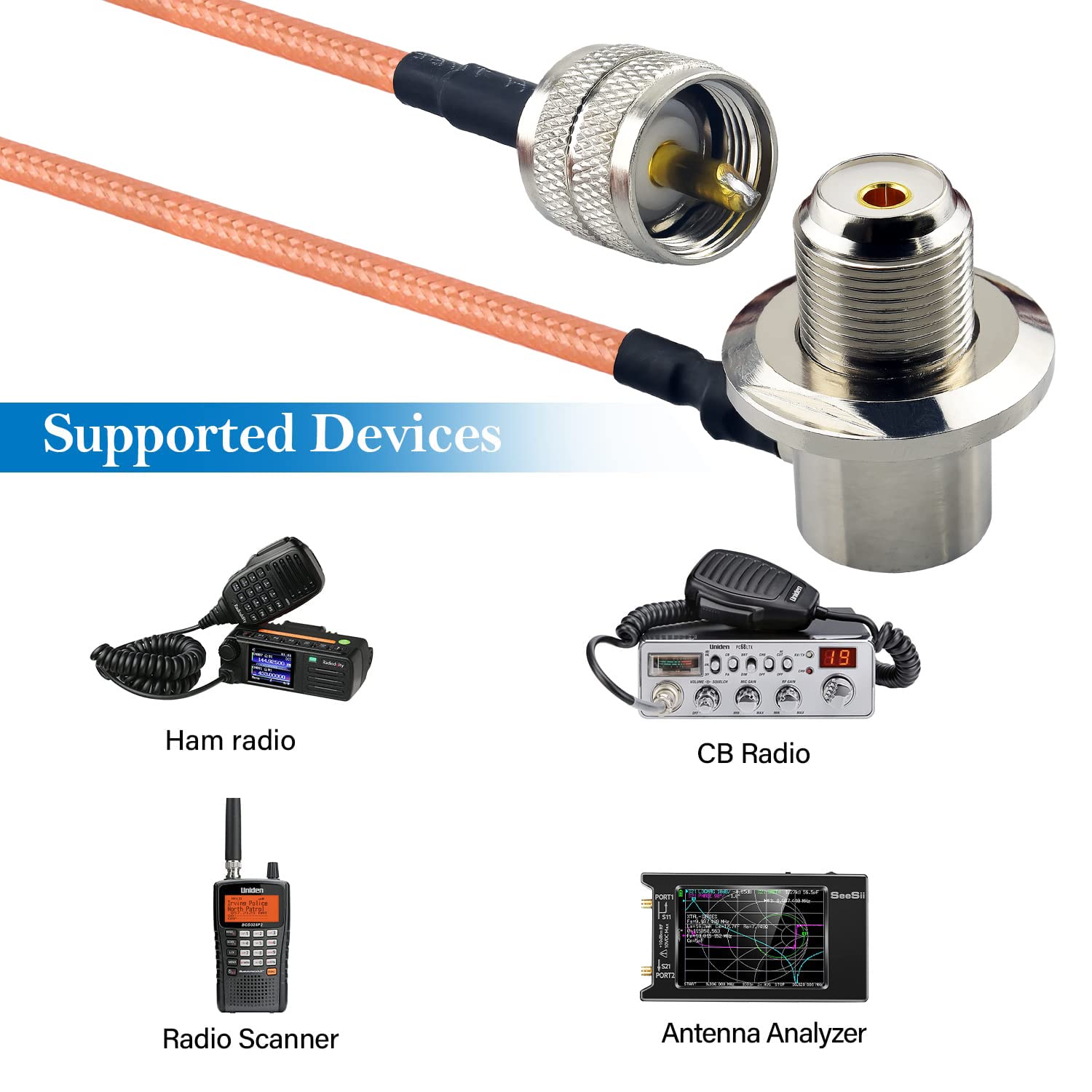Cavo UHF PL259 Maschio a Femmina Angolo Retto 5M | RG142 Cavo di prolunga per antenna, bassa perdita. Per radio CB, walkie-talkie, SDR, UV-5R e apparati portatili.