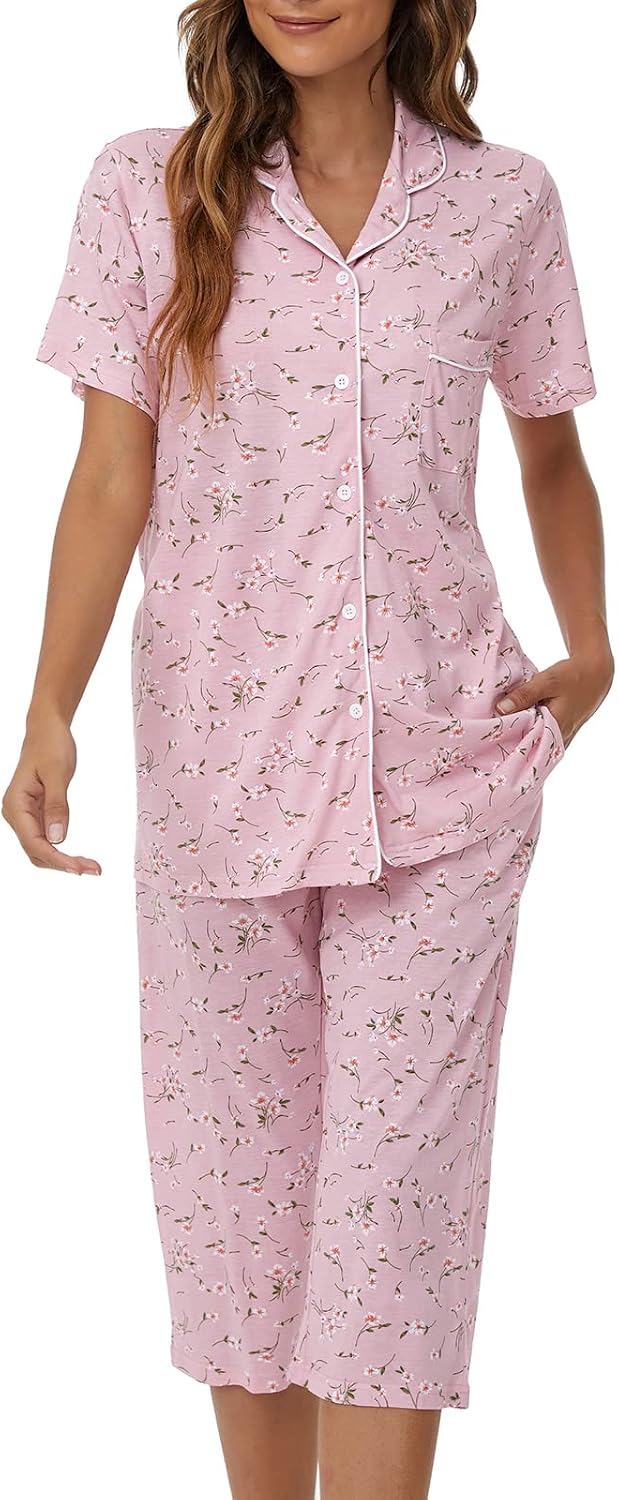 Tugege Capri Pajamas Set Womens Button Down Short Sleeve Lounge Sets Sleepwear Notch Collar Top & Capri 2 Piece PJ Sets