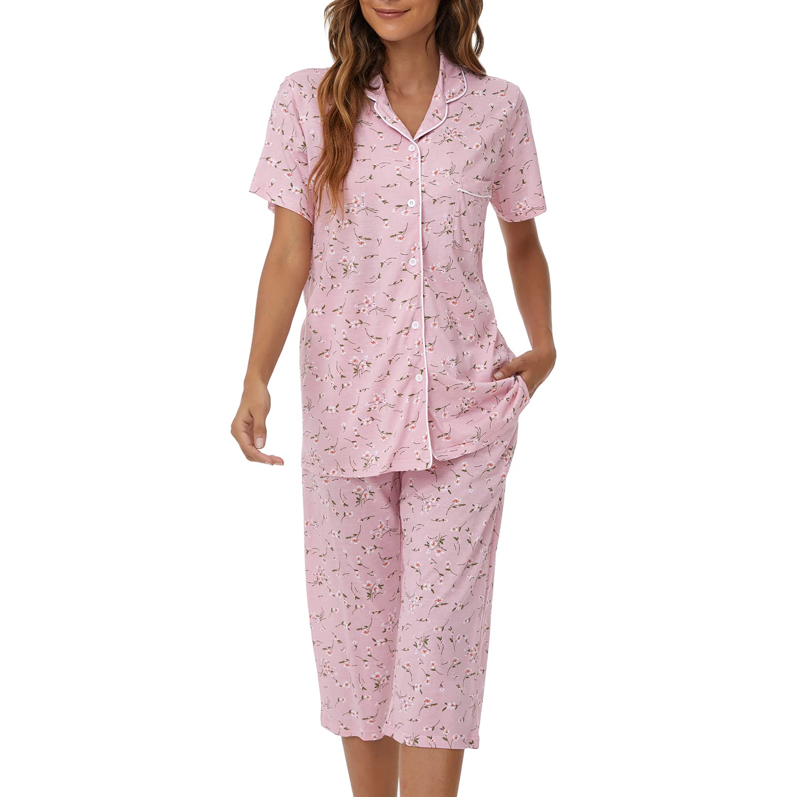 Tugege Capri Pajamas Set Womens Button Down Short Sleeve Lounge Sets Sleepwear Notch Collar Top & Capri 2 Piece PJ Sets