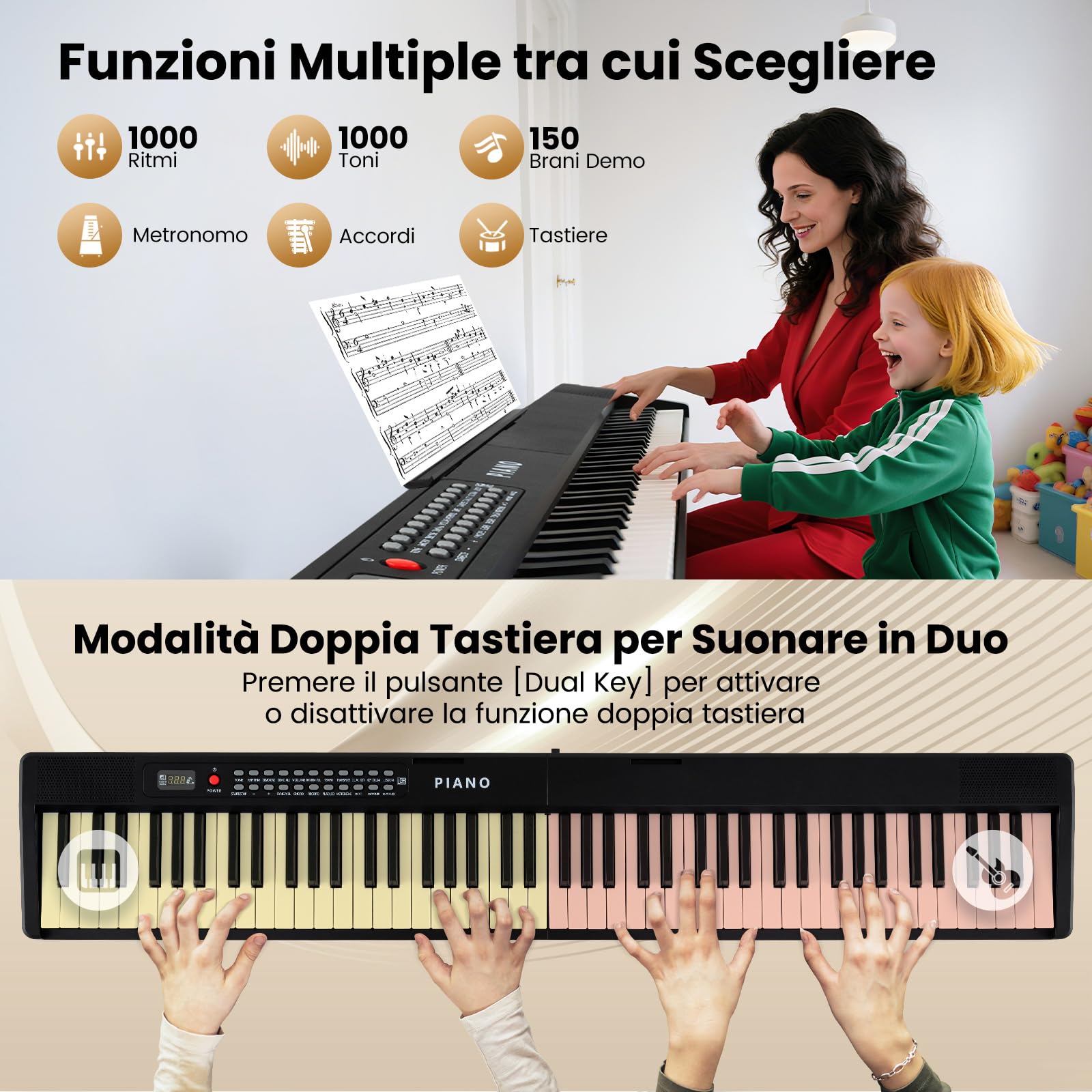 COSTWAY Pianoforte Digitale 88 Tasti, Tastiera Elettronica con 1000 Ritmi, 1000 Timbri, 150 Canzoni, Pianoforte Elettronica Pieghevole con Doppi Altoparlanti, MP3/USB/MIDI, per Principianti Bambini