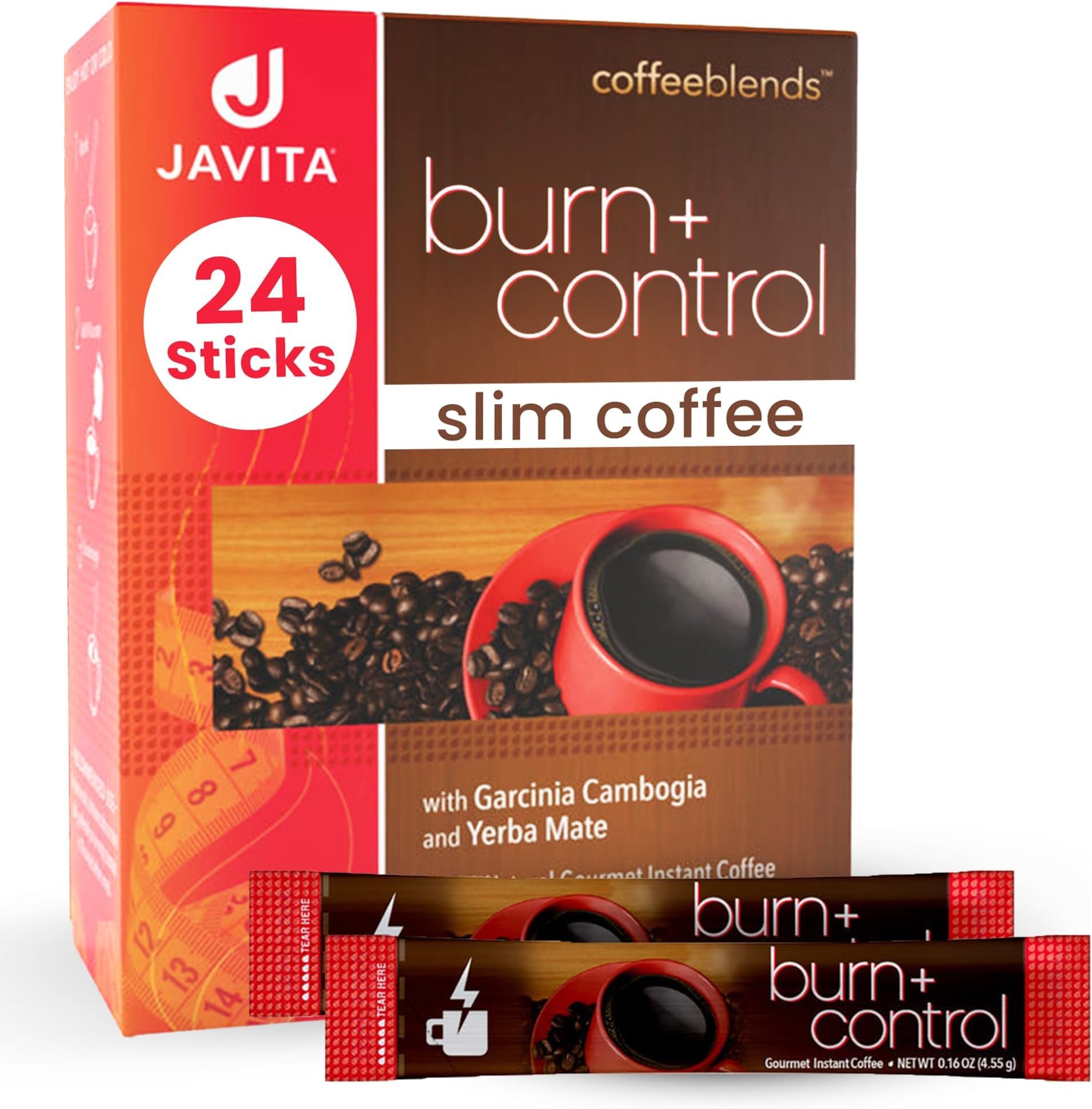 Burn + Control Instant Coffee – Smooth Arabica, Robusta Blend with Garcinia & Yerba Mate – Supports Metabolism & Daily Energy – Convenient Slim-Style Coffee Mix (1 box/24 serv.)