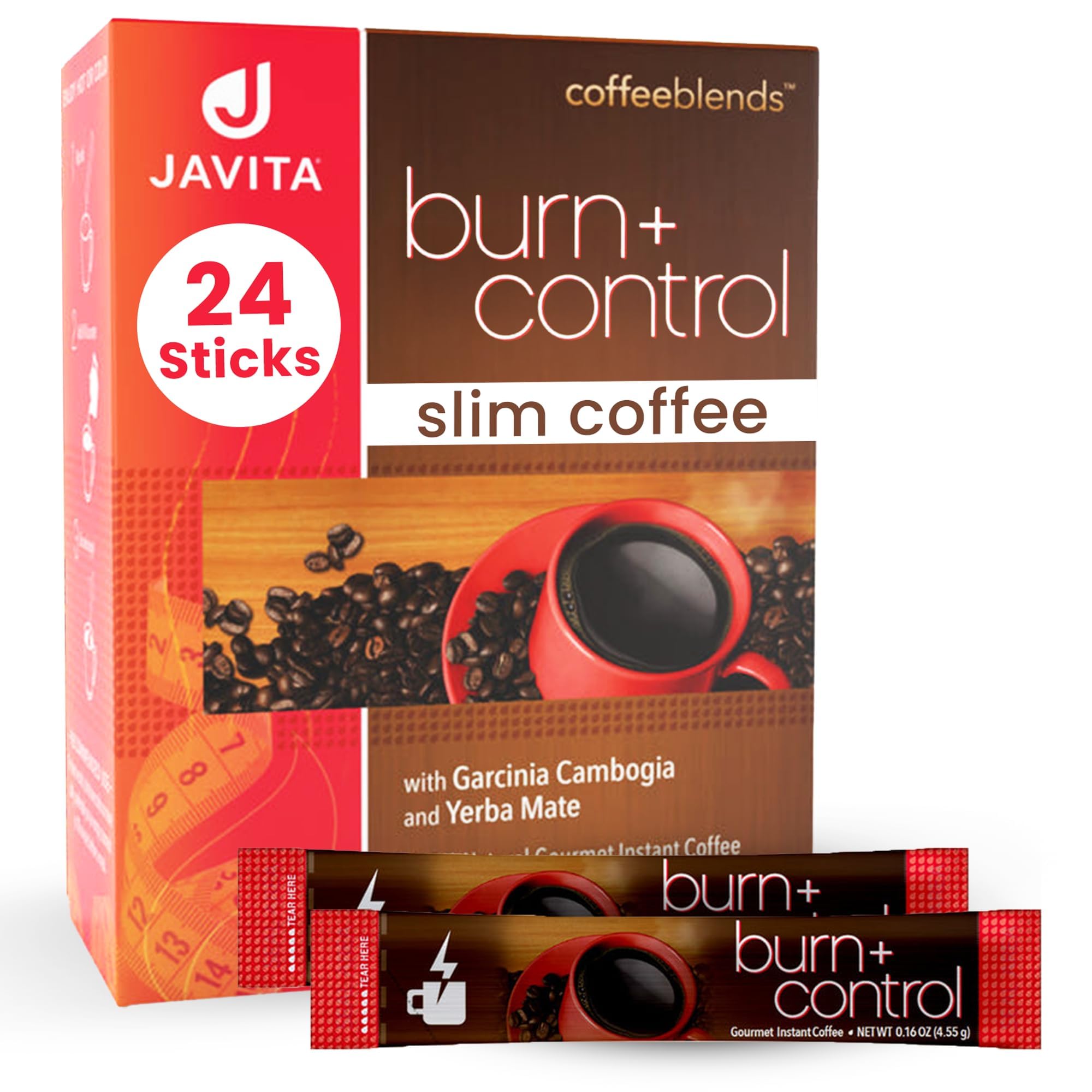 Javita Burn + Control Instant Coffee w Weight Management Herbs: Garcinia Cambogia & Yerba Mate - Slim Coffee with Help of Exercise, Keto Coffee for Diet Support, 1 box - 24 (4.55g) Sticks