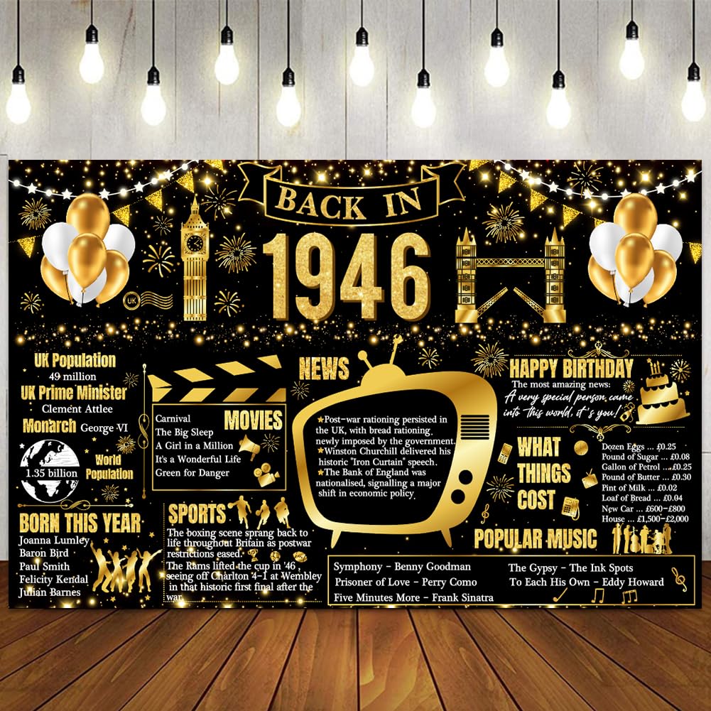 80th Birthday Banner Black Gold, Back in 1946 Poster UK Backdrop Banner 1.8 x 1.1 m Happy 80th Birthday Decorations for Men Women,80 Years Old Anniversary Party Supplies