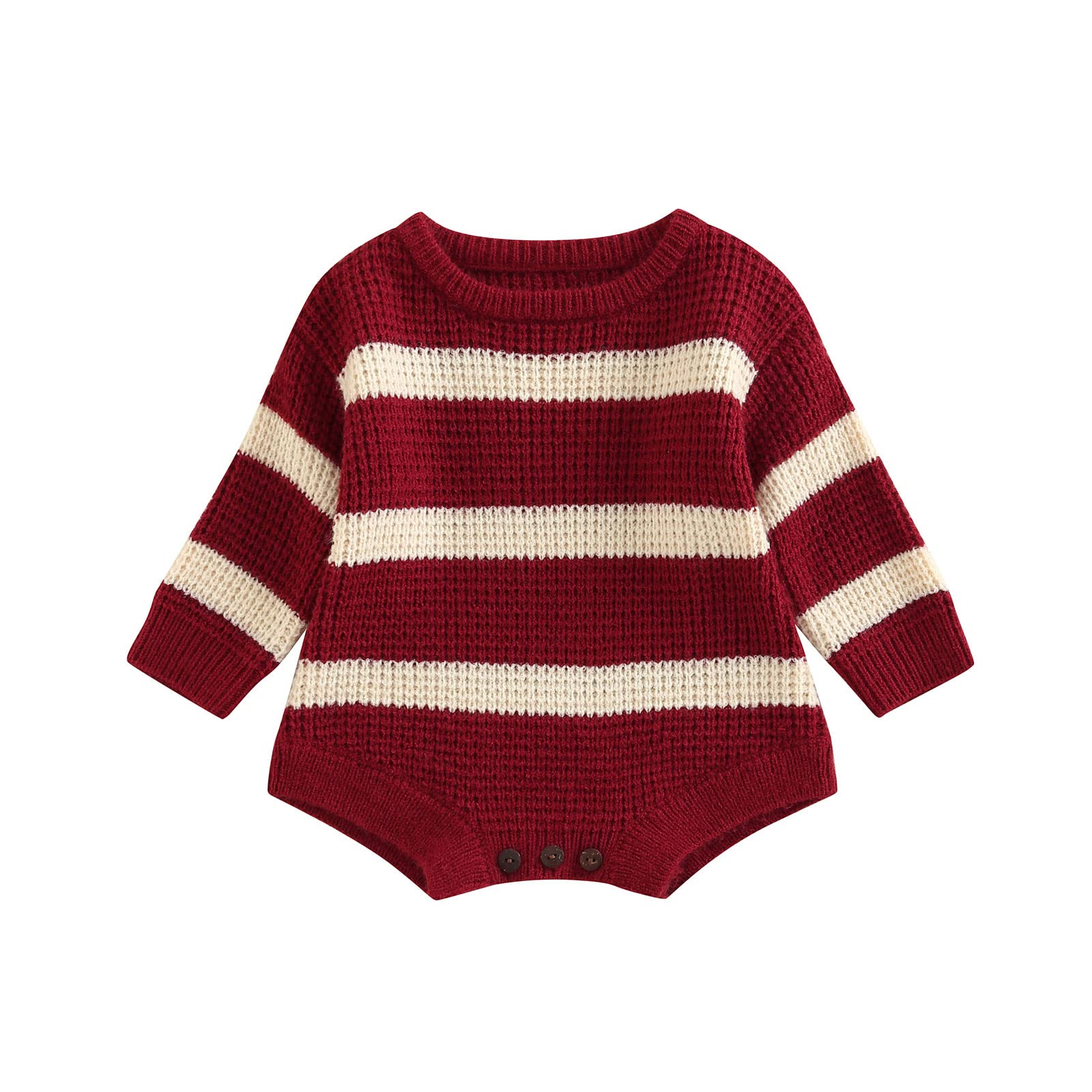 FYBITBO Baby Girl Boy Knit Romper Sweater Stripe Oversized Pullover Sweatshirt Onesie Warm Fall Winter Clothes Outfit (Wine Red Stripe,6-12 Months)