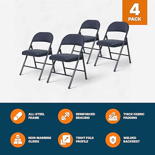 Miniatura 7 de OEF Furnishings Paquete de 4 sillas plegables de acero tapizadas de tela azul, asiento acolchado cómodo, marco recubierto de polvo de calibre 19,