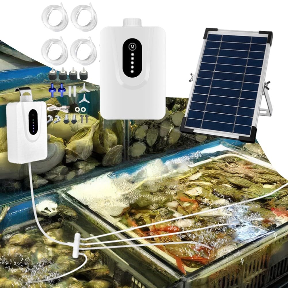 Solar Fisch Teichpumpe, 6W Solar Luftpumpe für Fischteich mit 6000mAh, USB Wiederaufladbarer Aquarium Belüfter, Leiser Sauerstoffgeber für Outdoor Tank bis zu 5qm