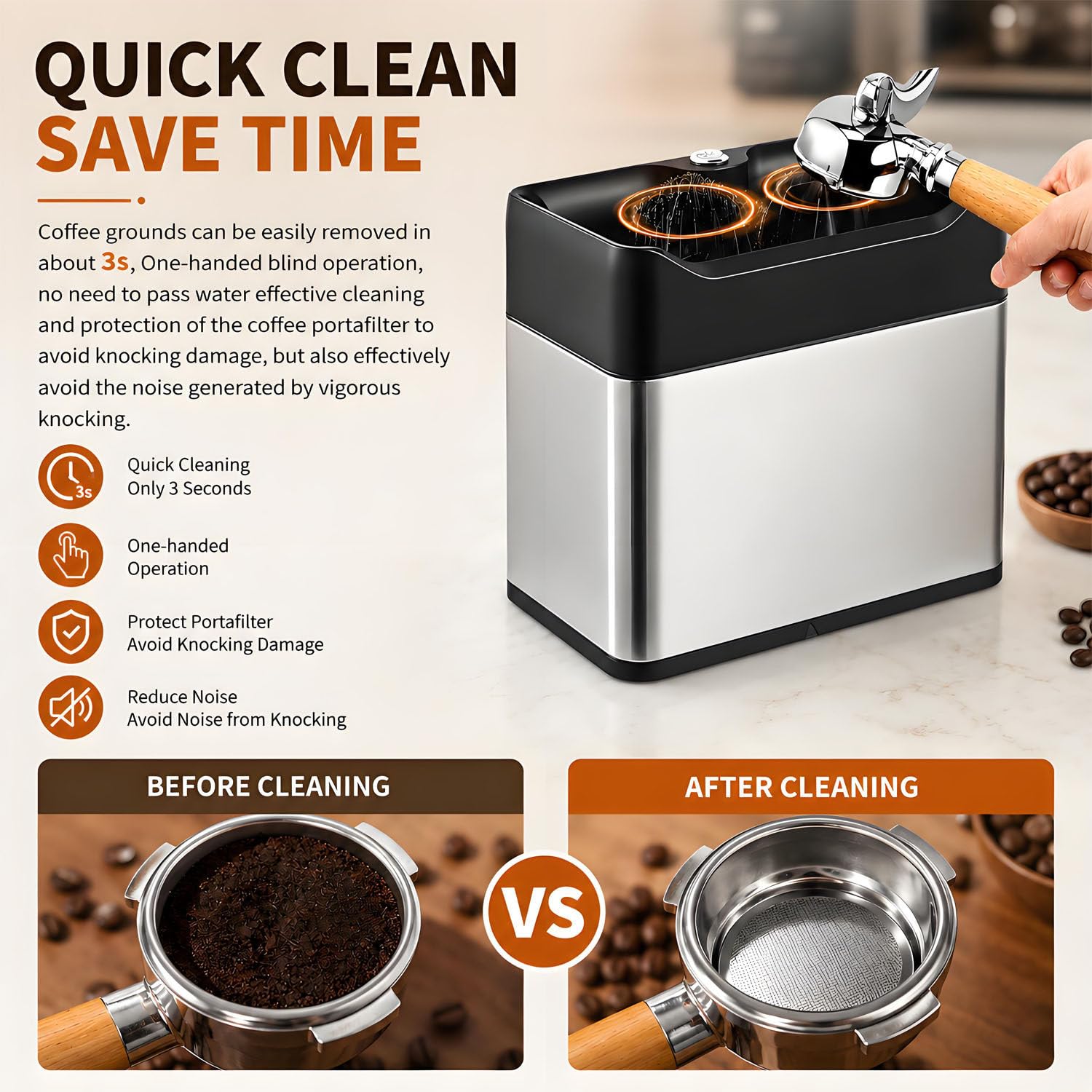 Limpiador automático de portafiltros para cafeteras Espresso de 58 mm Silver | Equipado con cepillos giratorios y rascadores dobles para la limpieza rutinaria de portafiltros.