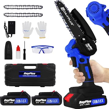 ZanGe 6" Electric Cordless Chainsaw Wood/Bamboo Cutting Pruning Chain Saw, Mini Handheld Power Chainsaw, Battery Powered 2x 1500MAH Rechargeable Battery with Splash Guard for Garden Woodworking