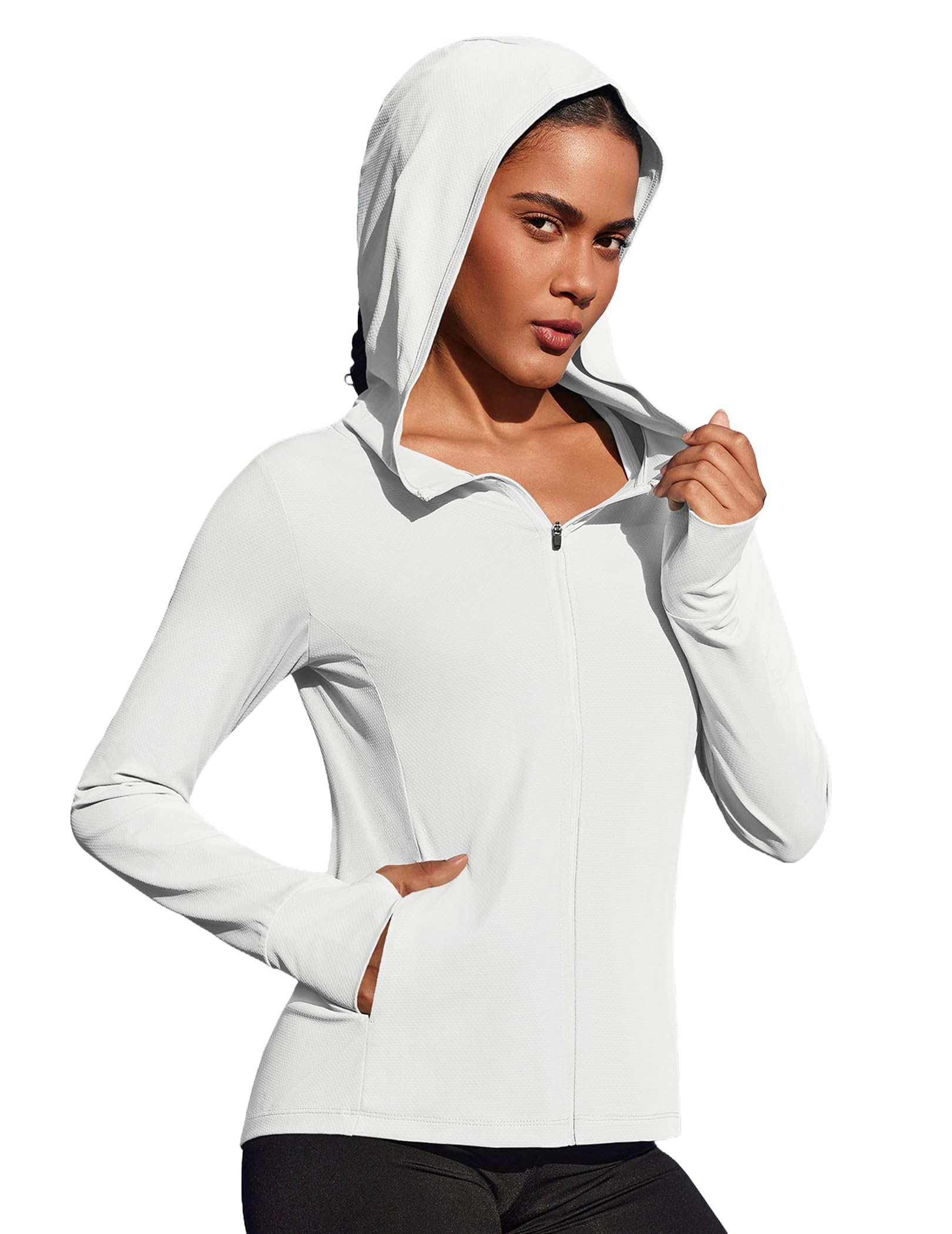 PINSPARK Women's UPF 50+ Sun Protection Hoodie Jacket Lightweight Full Zip Athletic Jacket Long Sleeve Shirt with Pockets