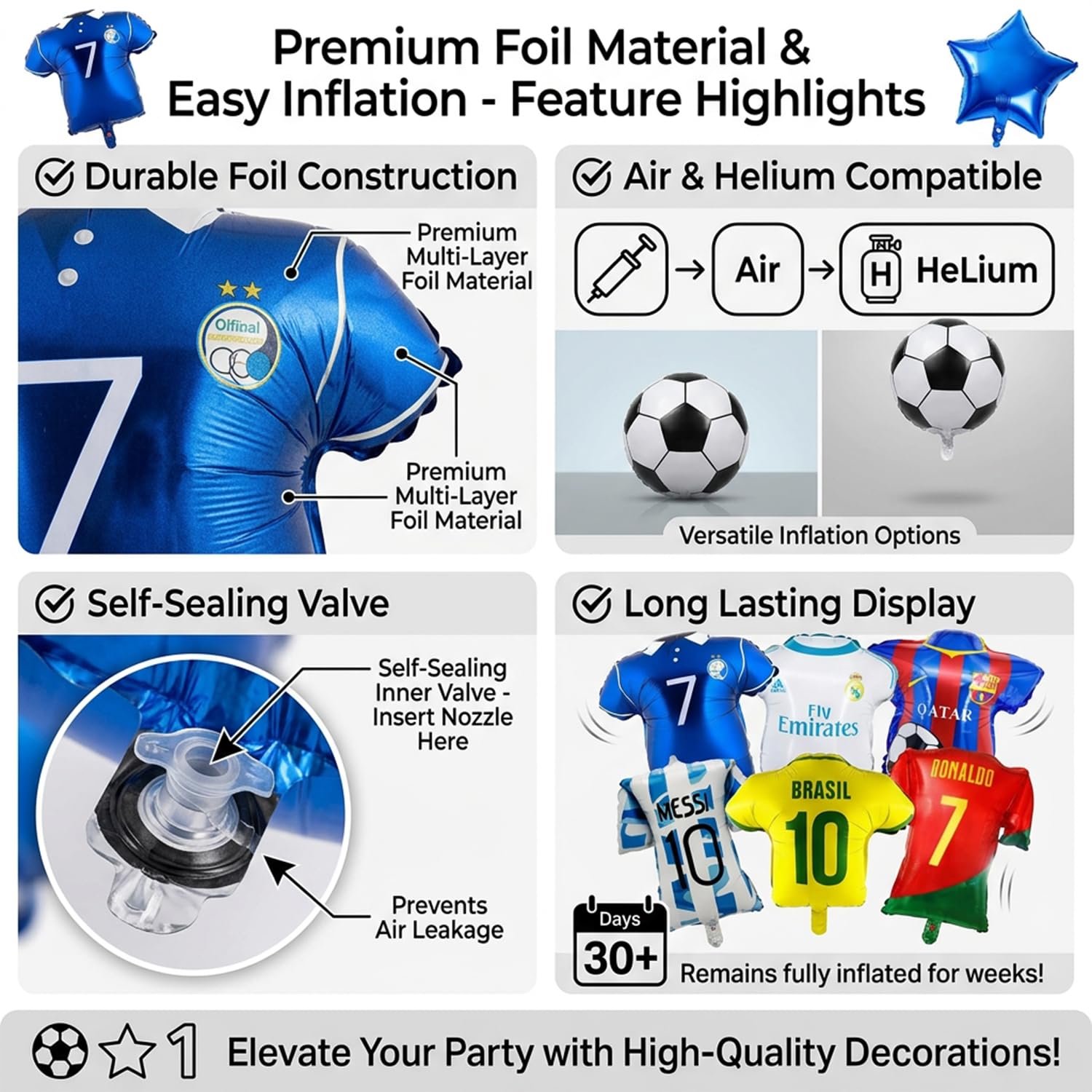 Atpata Funky Football Lovers Foil Balloons Kit – 6pcs Jersey Shape Balloons with Football & Star Balloons for Soccer Birthday Kickoff, Match Day Décor & Sports Fan Celebration Supplies 1