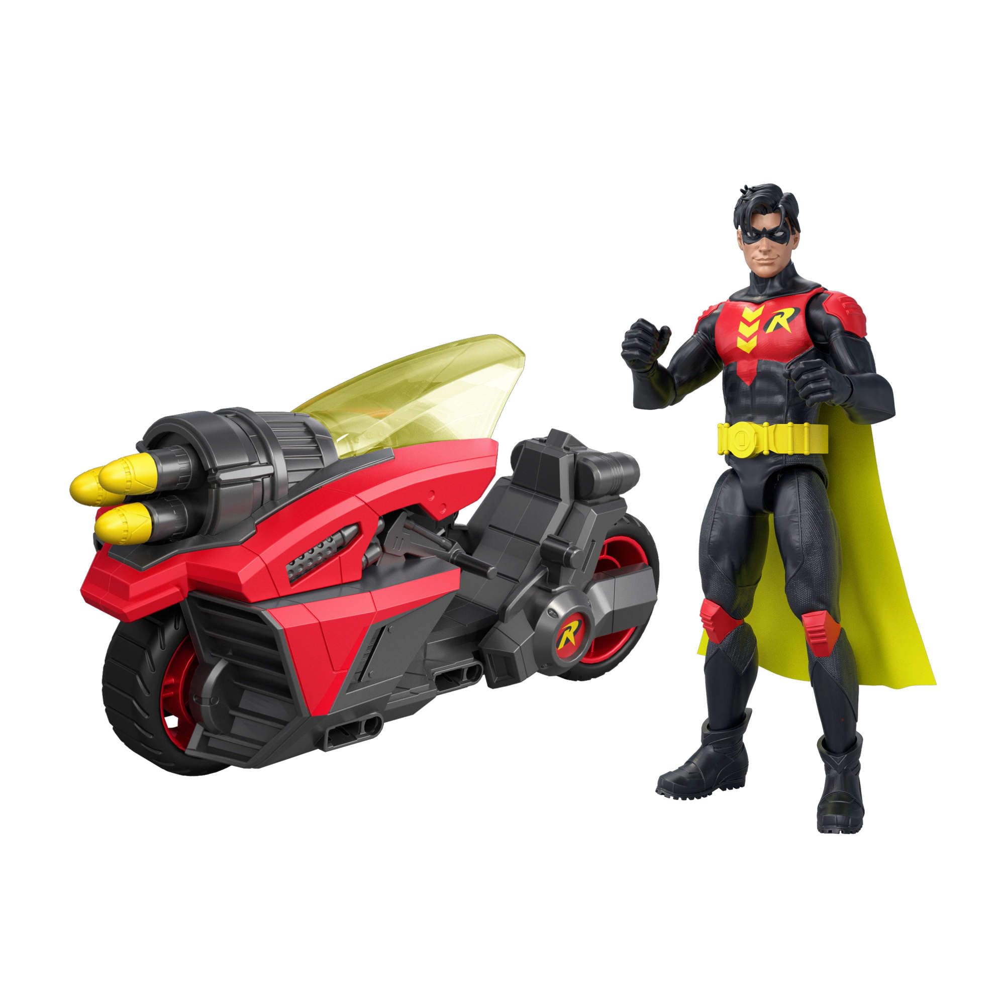 Mattel DC Premier 16,5 cm große Robin-Figur mit Motorrad inklusive Projektilen und exklusiver Deko, Batlink-Motorrad mit Robin-Figur, JMD51