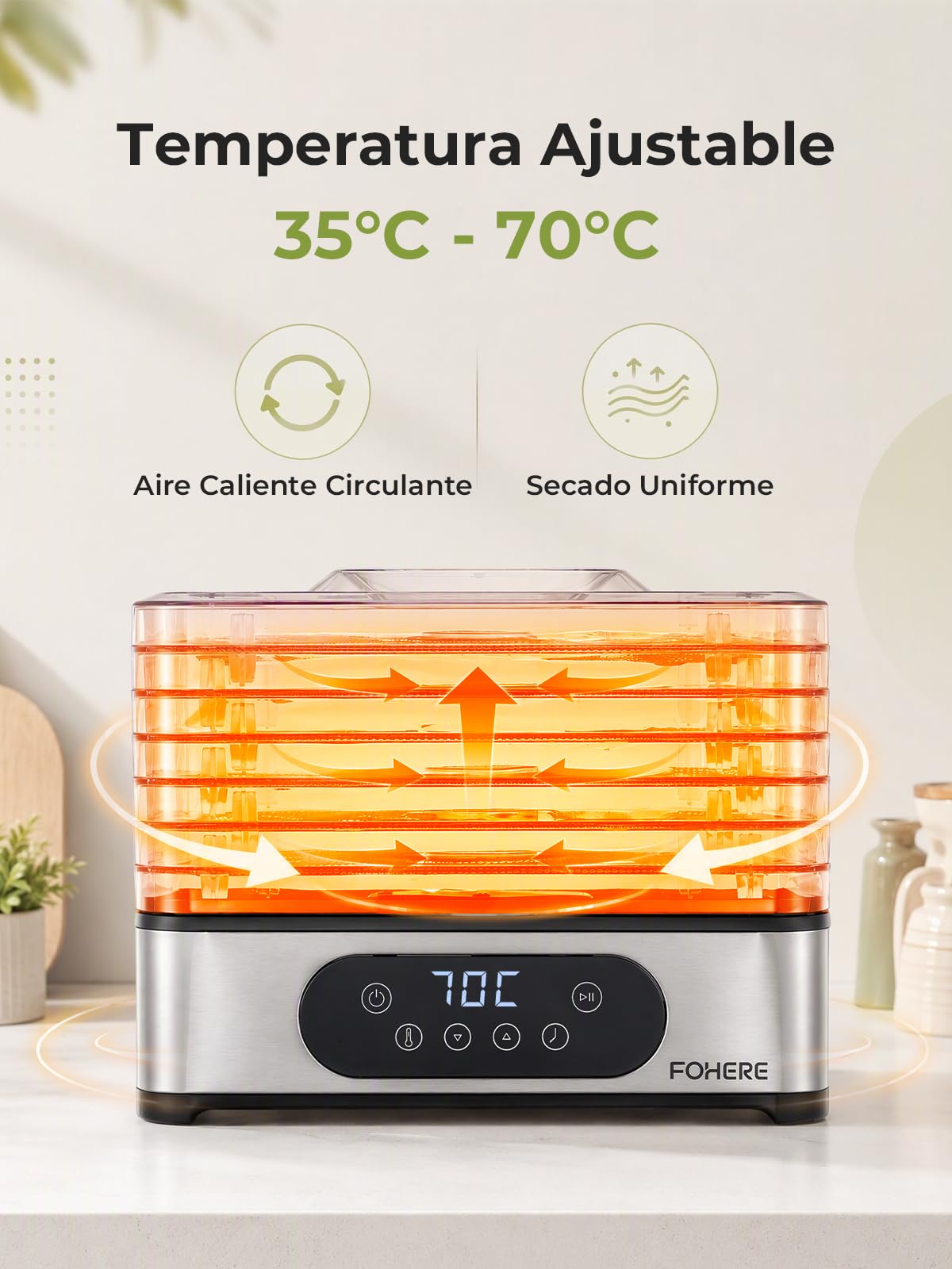 FOHERE Deshidratador de Alimentos, 6 Bandejas de Acero Inoxidable, 35-70°C | Temporizador de 48H, 400W, 3 Frasco de Almacenamiento, Molde de Silicona para Barras de Cereales, para Frutas Verduras Carne