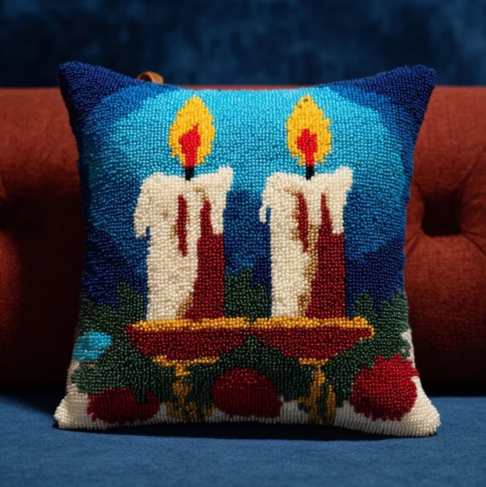 AxiangziK Latch Hook Pillow Kit for Adults,Christmas Candles Latch Hook Cushion Kits 17X17Inch,DIY Needlework Pillow Cover Sofa Cushion Rug Making