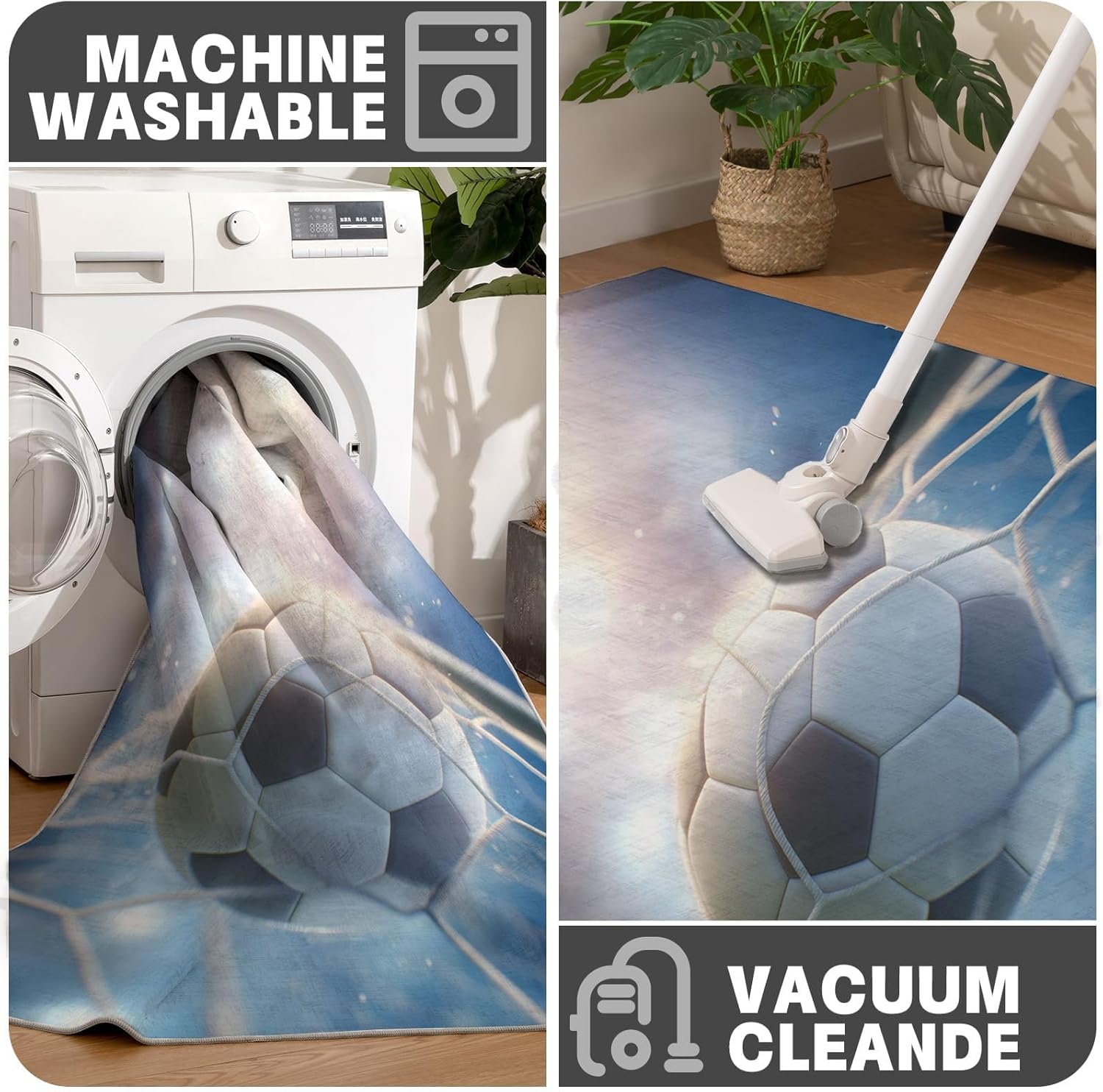 Soccer Flies Into Net Doormat 20Wx32L, Non Slip Backing Entrance Mat, Sports Realism Style Doormat for Home Decor, Blue Non-Slip Rug Mat for Living Room, Kitchen, Bedroom