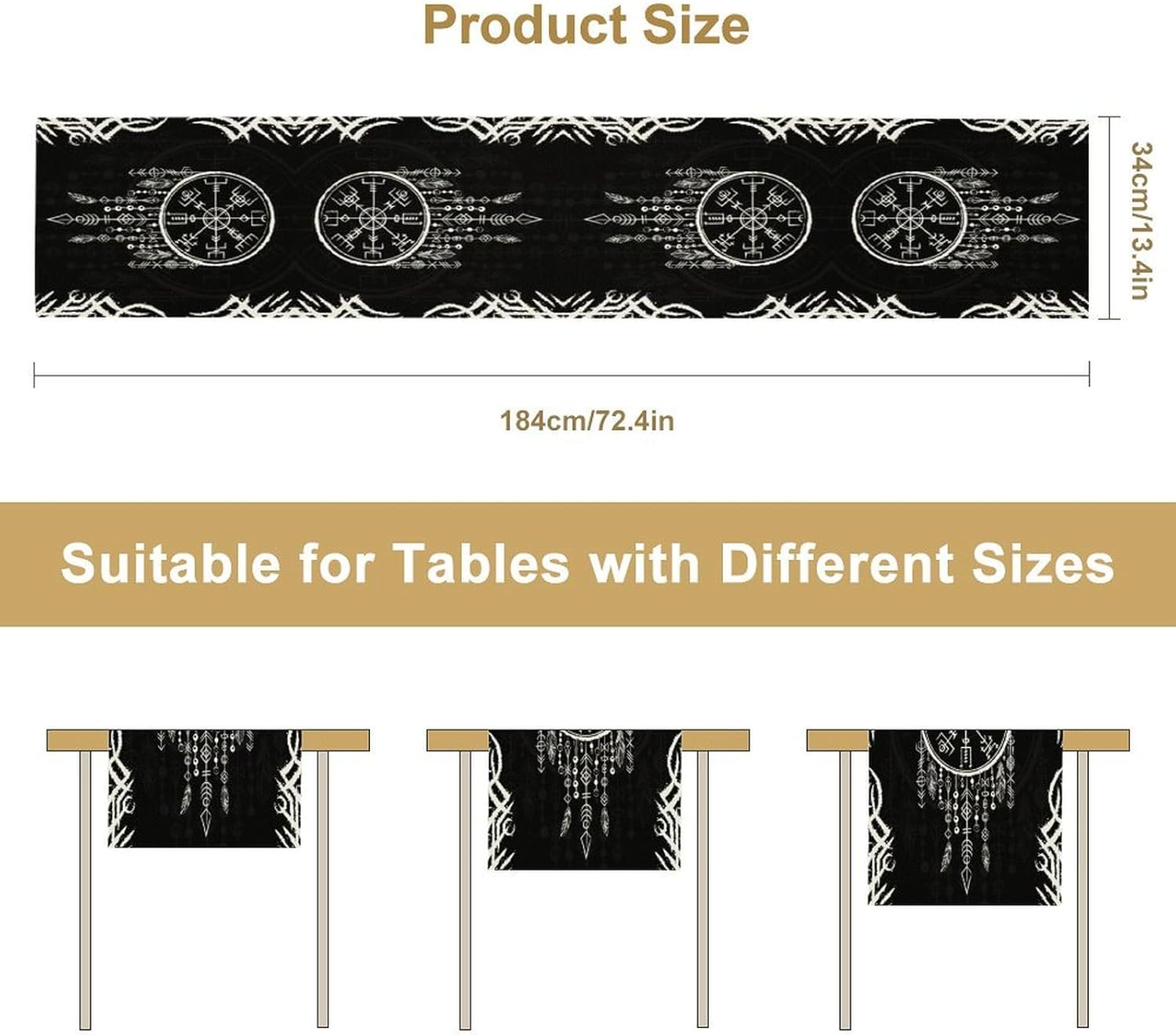 Viking Table Runner, Nordic Ancient Mythical Runes Print Table Runner for Home Dining Kitchen Coffee Table Party 13x108in