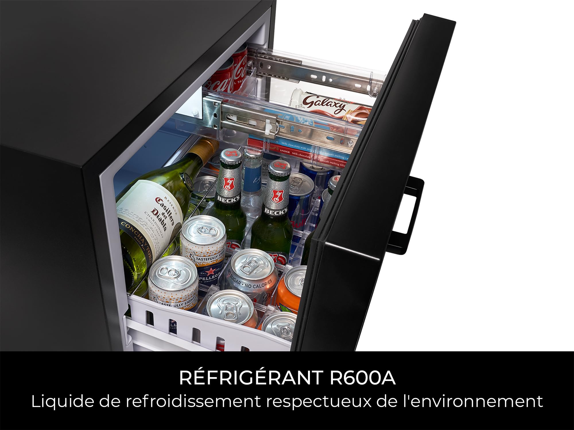 Corby Henley minibar à tiroir 45 L silencieux avec rangement réglable et éclairage LED, noir, prise britannique
