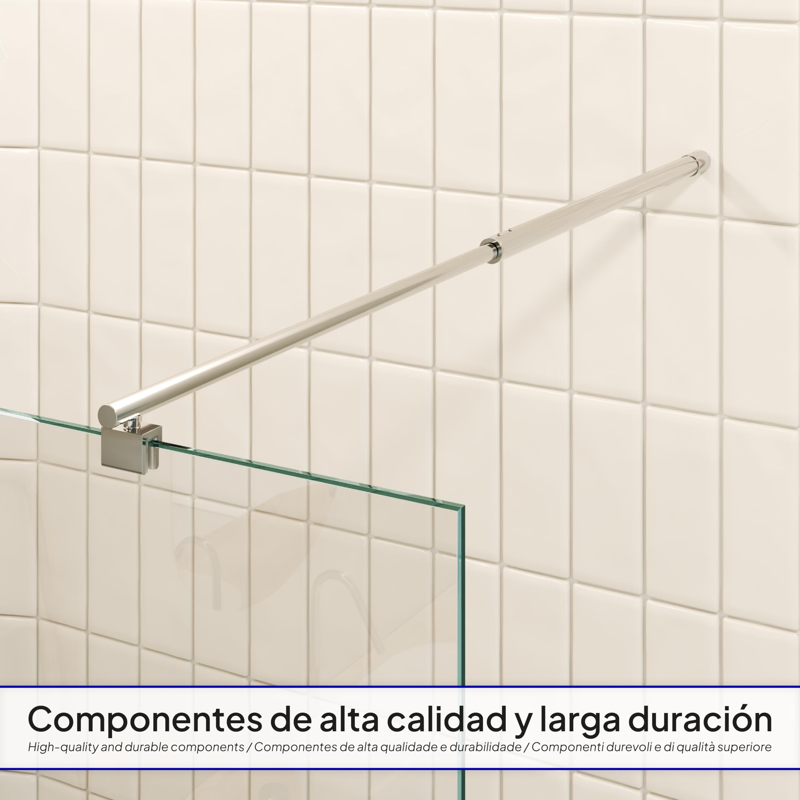 Mampara de Ducha Fija/Walk-In Fiona 140x200cm, Cristal Templado Parcialmente Satinado de 10mm, Perfiles e Barra Estabilizadora en Acero Inoxidable Cromado