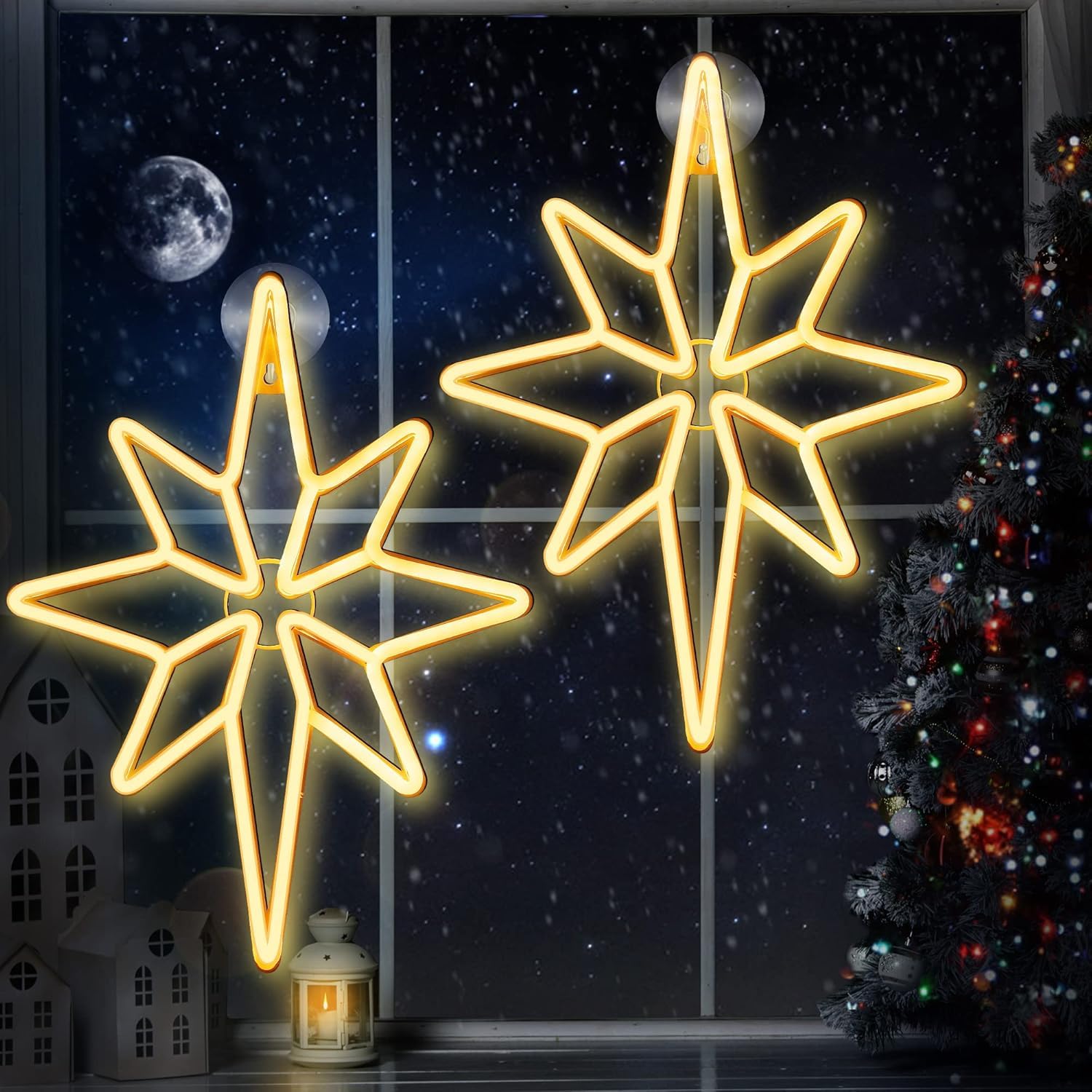 Enhon 2 Pack 16 Inch Bethlehem Star Window, Christmas Star, Nativity Lighted Outdoor, USB Powered or Battery Operated Bethlehem Christmas Neon Light for Window Bedroom Indoor Decor (Warm White)