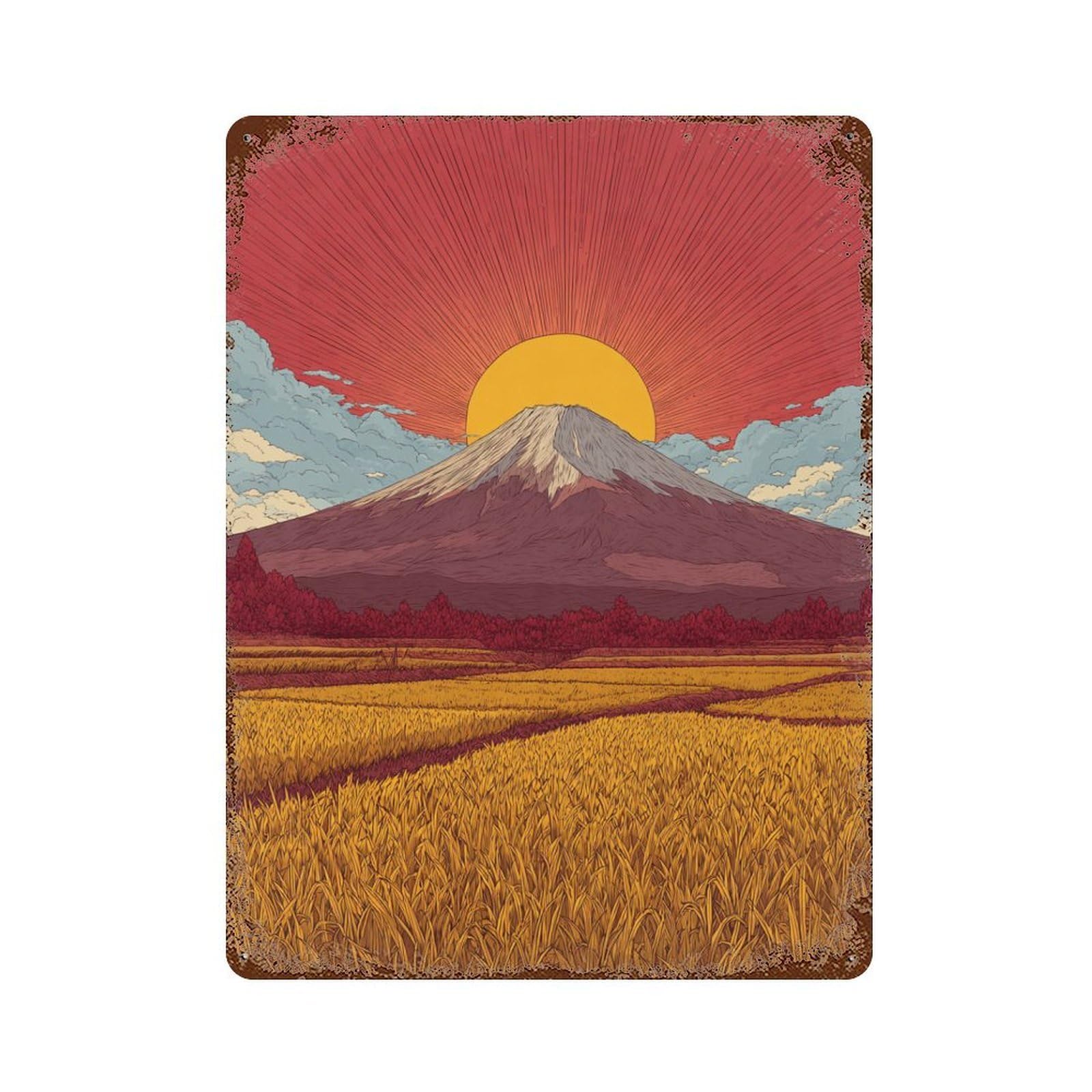 Aged Metal Wall Plaque with Japanese Mount Fuji Sunset Design 15.7"x11.8", for Shed, Workshop And Garage Wall Decor, Decorative Metal Wall Art
