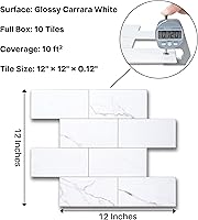 Vista 2 de COLAMO Protector contra salpicaduras de lujo de 10 hojas que se despega y pega, azulejo de metro blanco de piedra sintética autoadhesiva de 12"x12