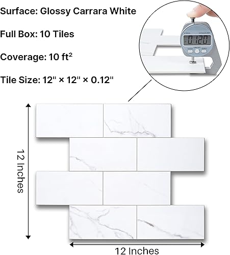 Miniatura 2 de COLAMO Protector contra salpicaduras de lujo de 10 hojas que se despega y pega, azulejo de metro blanco de piedra sintética autoadhesiva de 12"x12