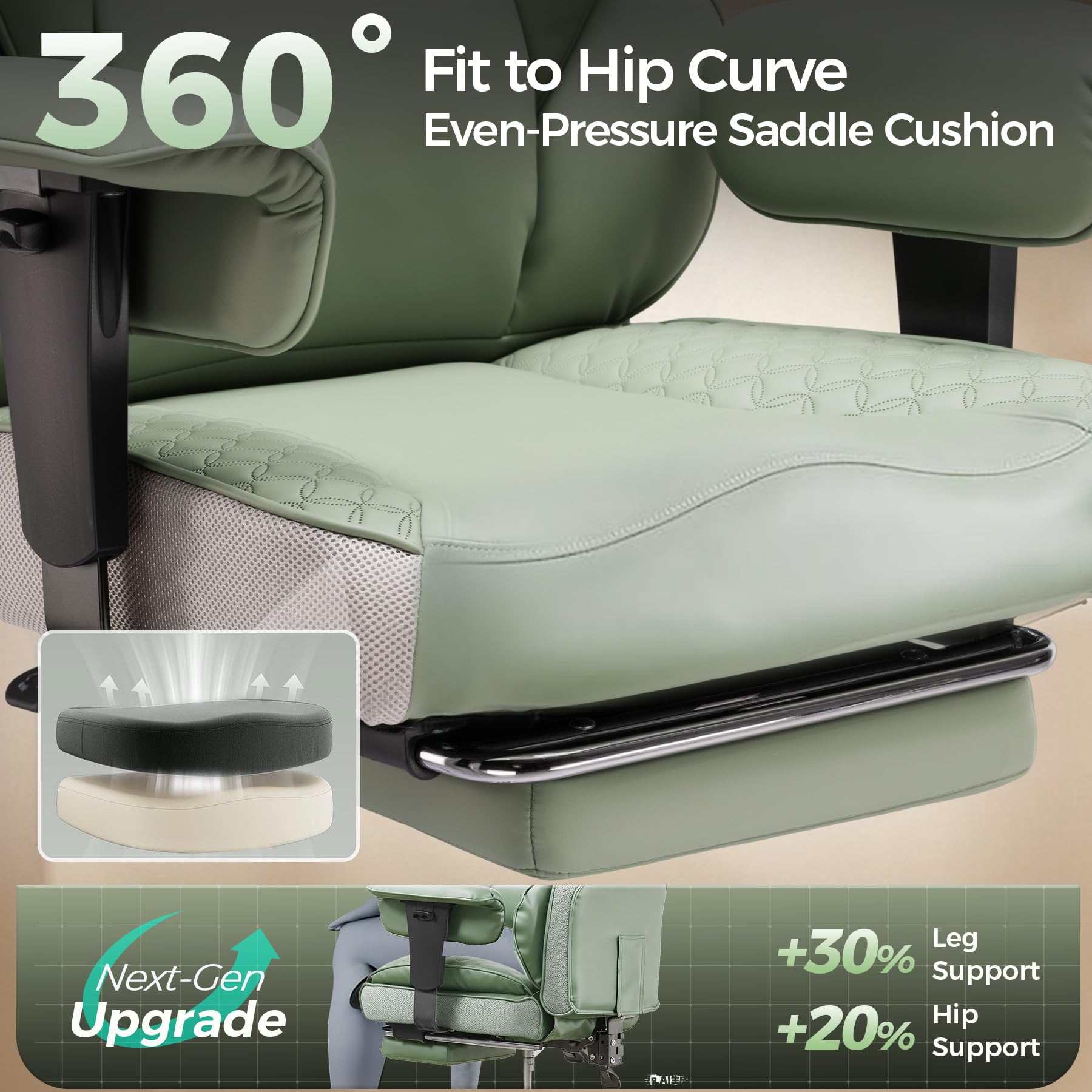 GTPLAYER Big and Tall Gaming Chair 400lbs Heavy Duty Office Chair with Foot Rest & Ergonomic Pocket Spring Lumbar Support, High Back 3D Saddle Shaped Cushion for Back Pain Relief, Green view 4