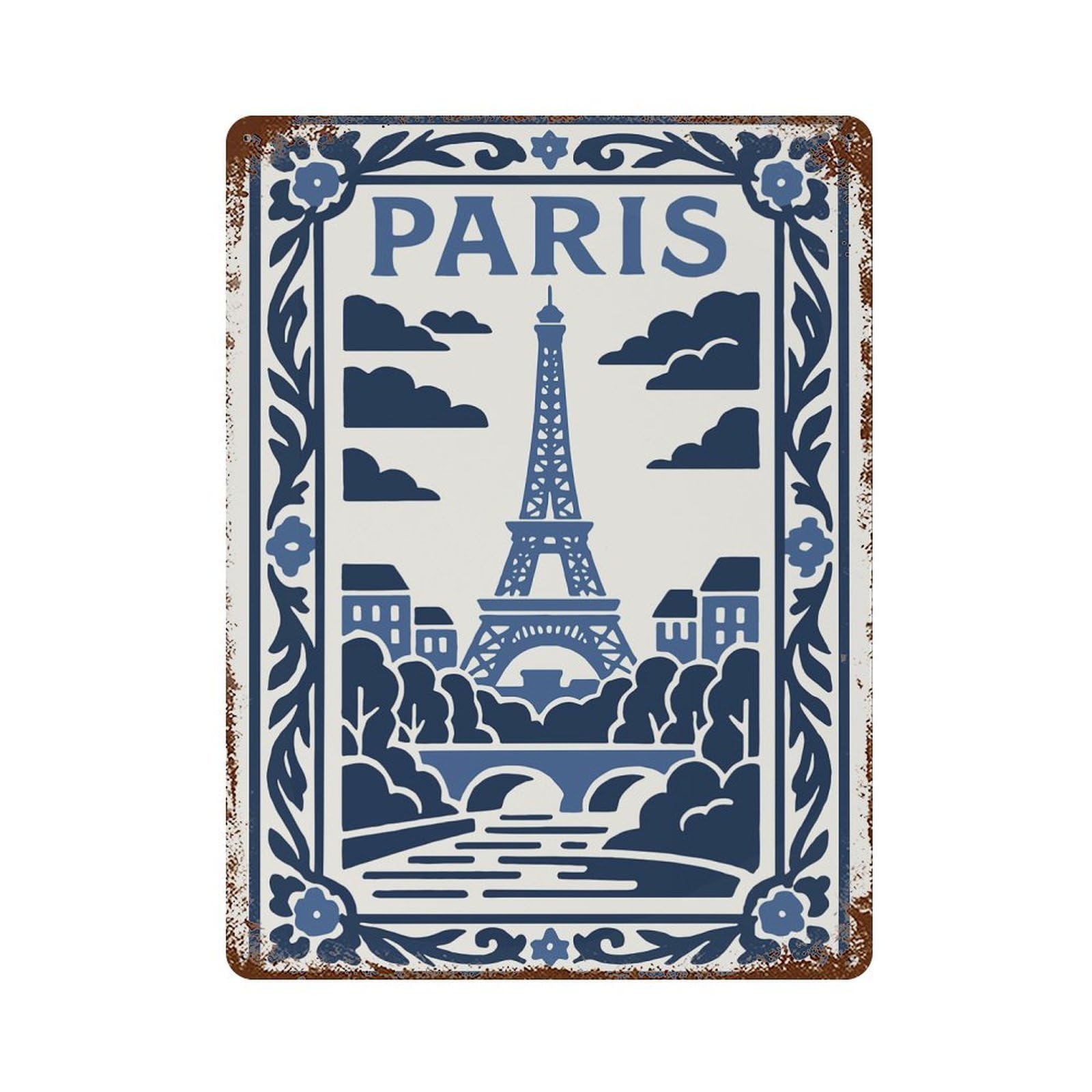 Paris Eiffel Tower Blue Illustration Retro Metal Sign 15.7"x11.8", Old School Wall Decor for Garage, Bar And Workshop Decor