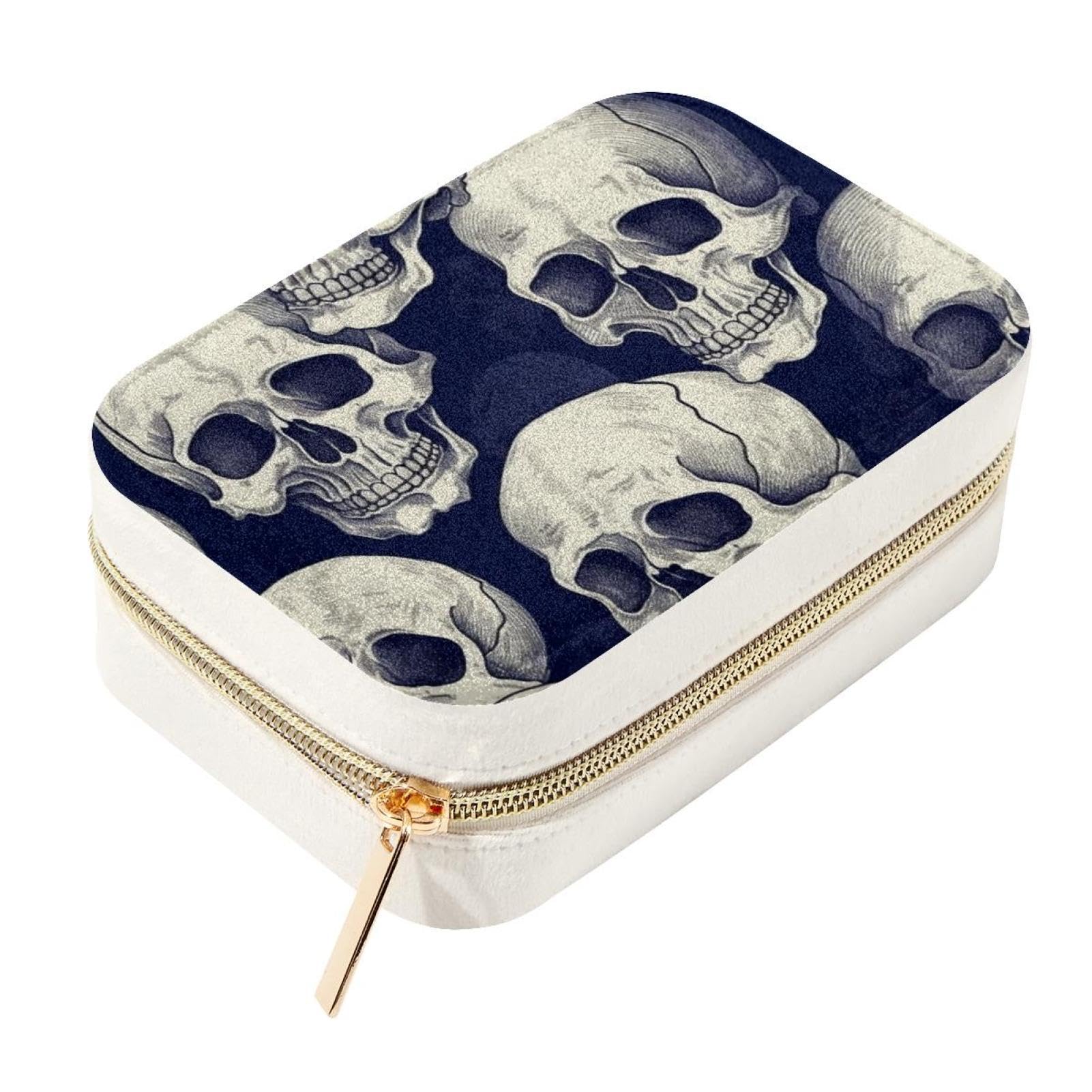 Boîte à bijoux crâne squelette compacte avec support pour collier et bracelet en métal