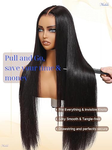 Miniatura 9 de Nadula Peluca de cabello humano con cierre de encaje transparente HD de 5 x 5 pulgadas, densidad del 180%, sin pegamento, Yaki recta, peluca frontal
