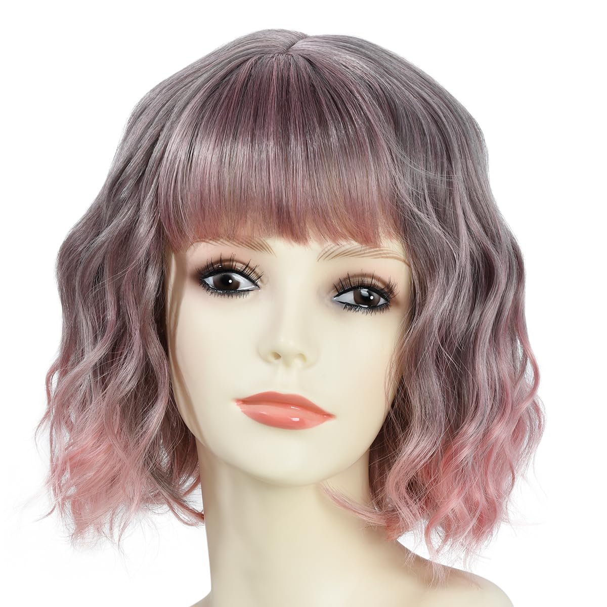 BUYOGET Wavy Bob Wig with Bangs Synthetic Hair Shoulder Length 12 Inch Short Curly Wigs for Women Natural Ombre Pink - Image 2