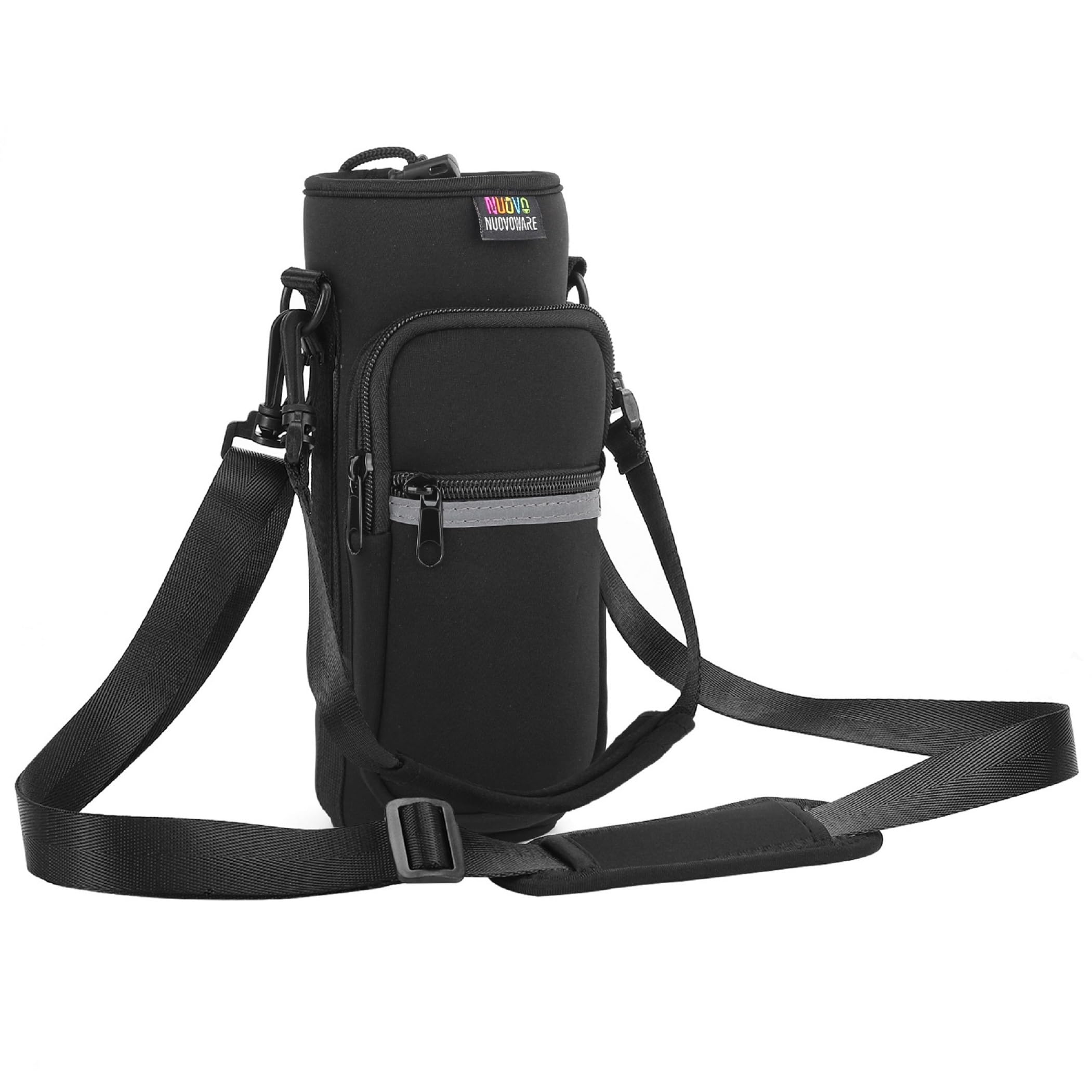 NuovowareWater Bottle Carrier Bag, 750ml Bottle Pouch Holder, Adjustable Shoulder Hand Strap 2 Pocket Sling Neoprene Sleeve Sports Accessories for Hiking Travelling - Black