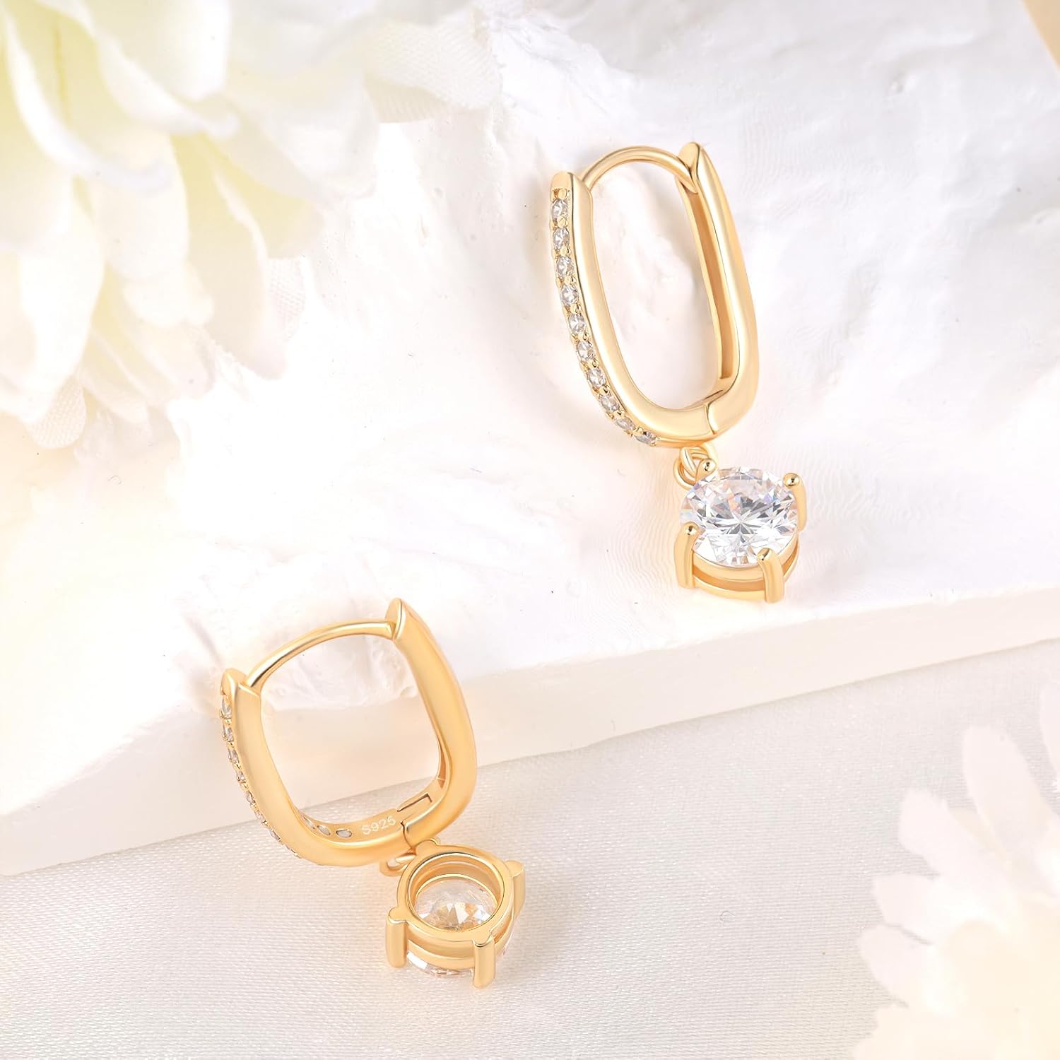 Sterling Silver U Hoop Earrings for Women Trendy Hypoallergenic Sparkle Round Cubic Zirconia U-Shaped Dangle Hoop Earring for Sensitive Ears Lightweight Dangling Loop Earrings Fashion Jewelry Gifts for Her - Image 4