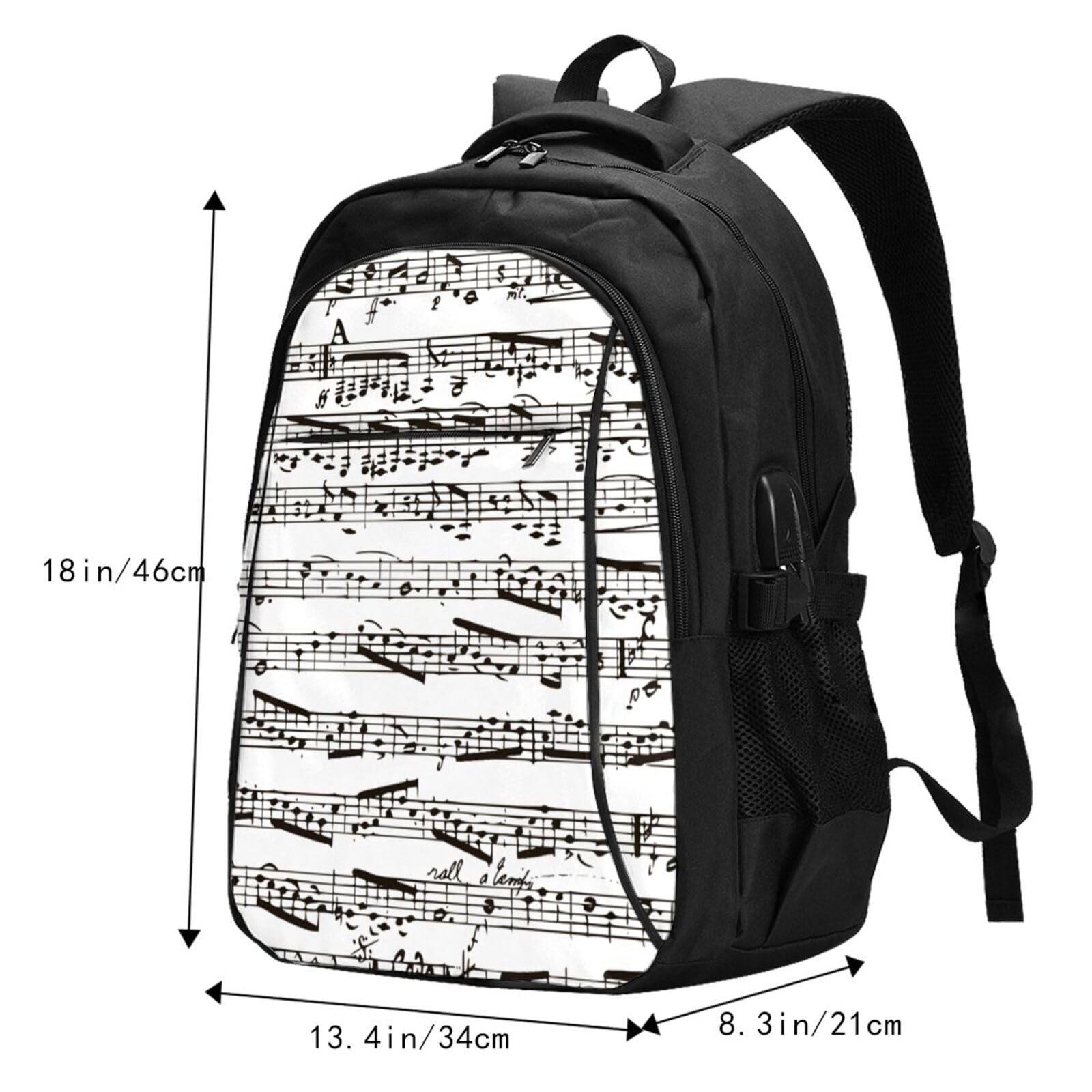 InOmak Schwarze und weiße Musiknoten, Reiserucksack, Freizeitrucksack, Schulrucksack, Laptop-Rucksack für Damen und Herren