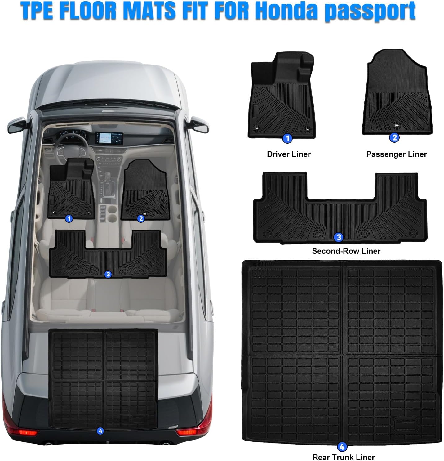 floor mats compatible with honda passport 2026, all weather tpe front & 2nd row trunk mat, anti-slip odorless floor liners for 2026 passport accessories