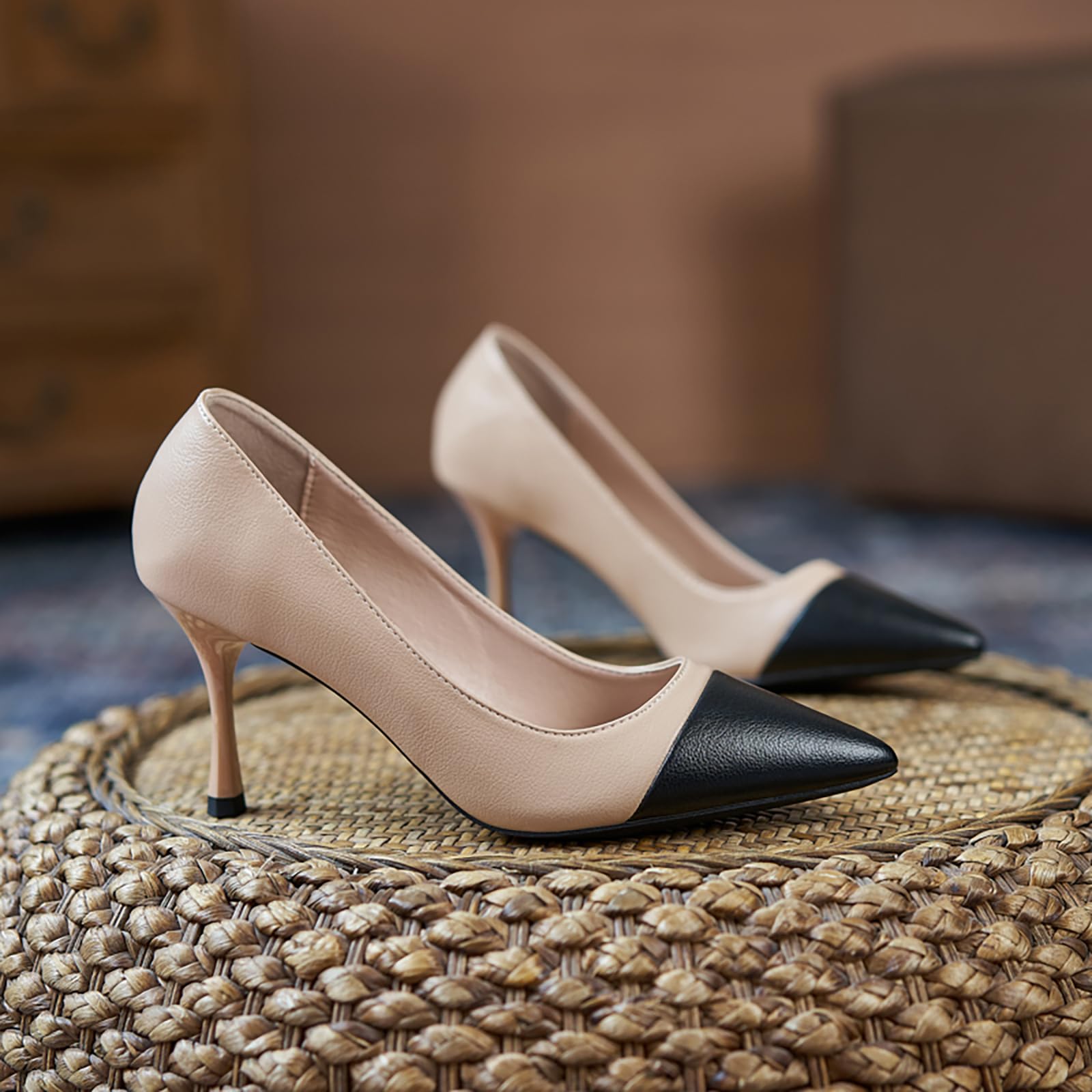 Zapatos de Tacón Bicolor - Punta Negra & Cuerpo Desnudo, Disponibles en Charol & Ante con Tacones 5cm/7cm, Tallas 34-43