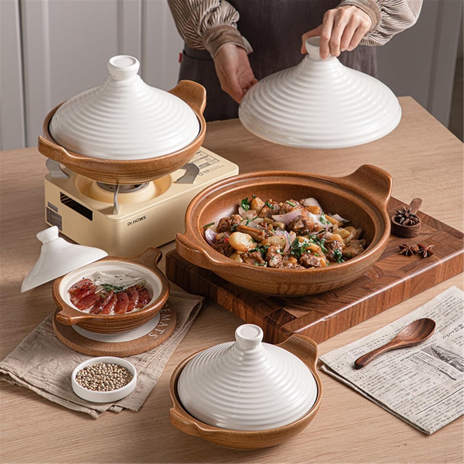 Tajine Pot with Lid, Tagine Pot Moroccan for Cooking Handmade Ceramic Casserole for Slow Cooking Meats, Vegetables, and Aromatic Spiced Dishes (White 500ML)