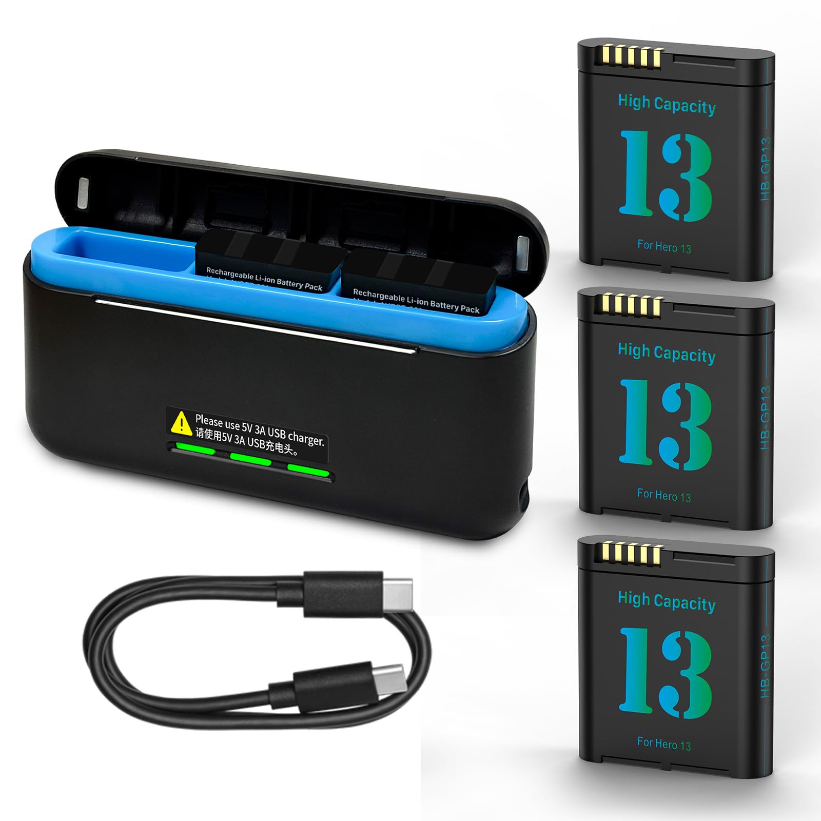 3er-Pack 2800mAh Hero 13 Akku mit Ladegerät, 2026 verbesserter Akku mit hoher Reichweite für GoPro Hero 13 Black Enduro wiederaufladbare Kameras mit Typ C