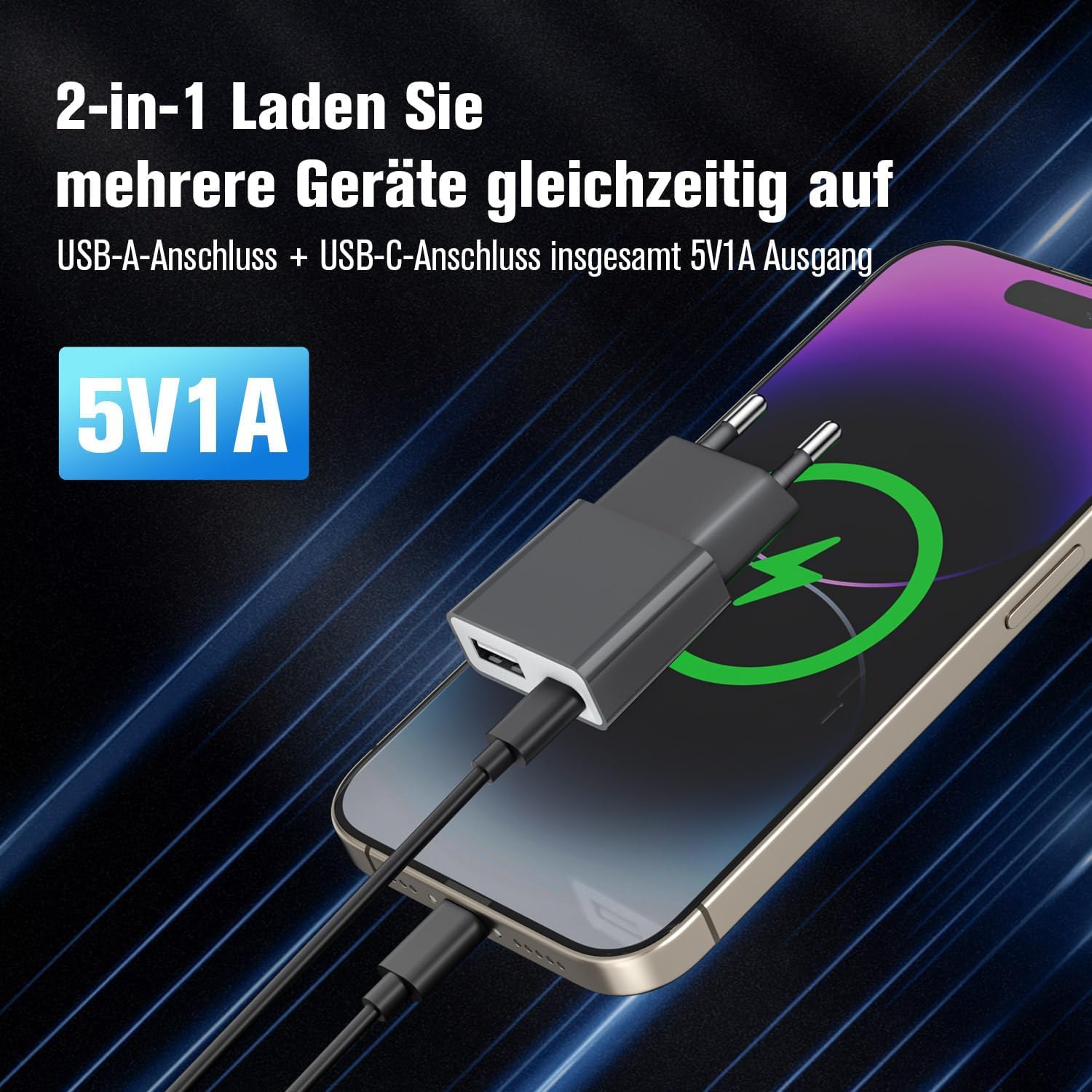 Caricatore USB da 5 W, adattatore di ricarica universale ultra sottile (5 V 1 A), 2 porte, USB-C + A (confezione da 30 pezzi), per iPhone, lettori eBook, spazzolini elettrici Xperia, lettori