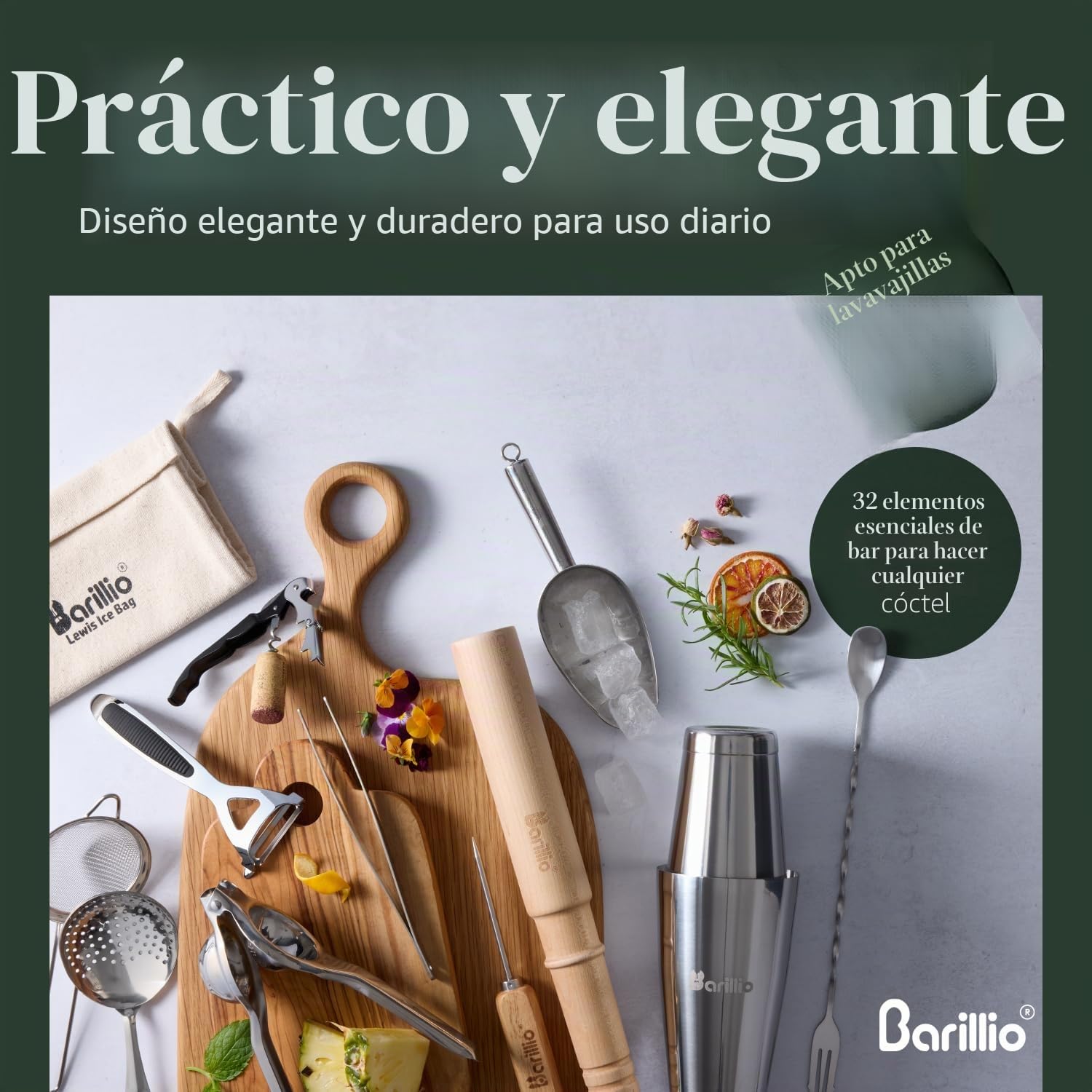 Barillio Juego de herramientas de bar Pro Edition – Juego de coctelera de acero inoxidable – Kit de barman mixología con coctelera Boston, mezclador de bebidas y mortero para cócteles – Accesorios de