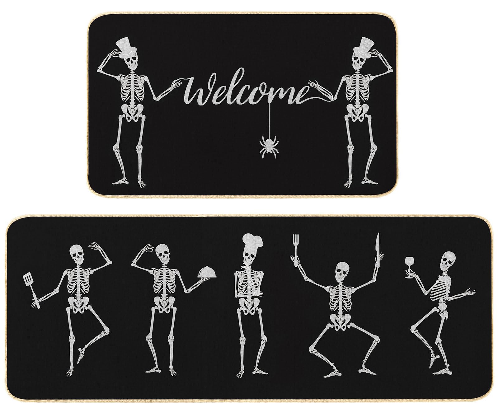 Halloween Kitchen Mat Kitchen Rugs Set of 2 Non Slip Washable Door Mat Fun Skeletons Body Skull Kitchen Decor for Floor Home Indoor Outdoor Halloween Decorations Doormat 17x29+17x47inch