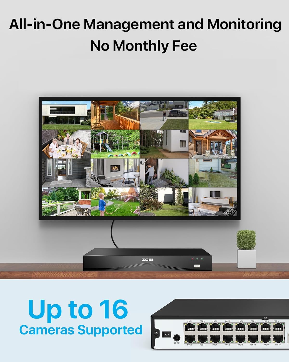 ZOSI 4K 16CH PoE NVR Videoüberwachungsrekorder ohne Festplatte, Unterstützt 2MP/5MP/8MP IP Kameras, Nur kompatibel mit PoE Kameras derselben Marke, H.265+, Smart Fernzugriff