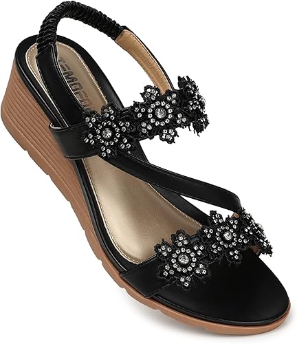 Miniatura 7 de TEMOFON Sandalias de cuña para mujer correa elástica de tobillo con punta abierta de verano, cómodas sandalias bohemias de cuña baja